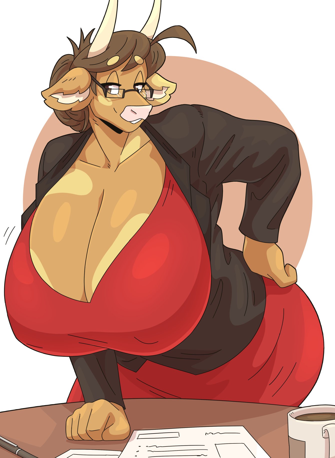 1girls, anthro, bent over, big breasts, bovine, breasts, brown eyes, brown hair, cleavage, cow ears, cow horns, female, female only, glasses, hi res, horns, huge breasts, leaning on table, light blush, looking at viewer, molly (slightlysimian), narrowed eyes, office lady, slightlysimian, smiling, smiling at viewer, solo