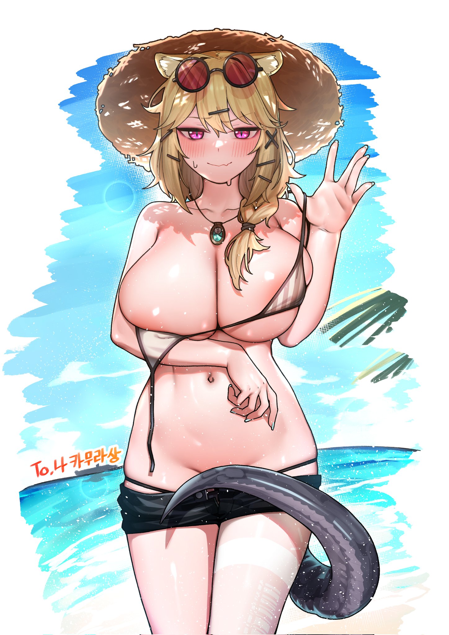 1girls, animal ears, animal girl, arknights, beach, bikini, blonde hair, blush, blush lines, breasts, chimera, covered nipples, covered pussy, embarrassed, eyebrows visible through hair, female, hair ornament, hat, jean shorts, large breasts, medium hair, navel, necklace, outside, painted nails, pink eyes, ponytail, pussy, sango bob , short shorts, slim waist, slit pupils, smile, squished breasts, sunglasses, sunglasses on head, sweat, sweatdrop, sweating, swimsuit, tail, thighs, underwear, utage (arknights), utage (summer flowers) (arknights)