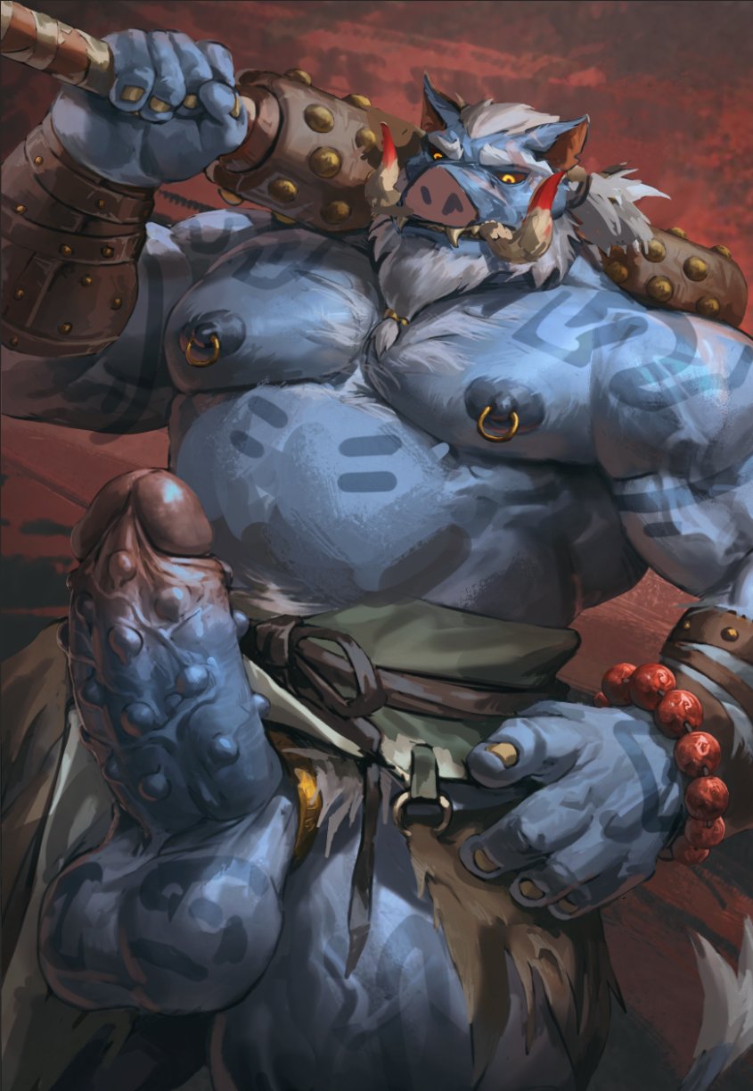 abs anthro asian_mythology balls blue_body blue_fur blue_skin demon domestic_pig east_asian_mythology erection fangs fur genitals hi_res japanese_mythology kanabō lindong male male_only mammal markings muscular muscular_anthro muscular_male mythology nipple_piercing nipples oni pecs penis piercing pig_nose solo suid suina sus_(pig) tattoo teeth vein veiny_muscles veiny_penis yellow_sclera yokai