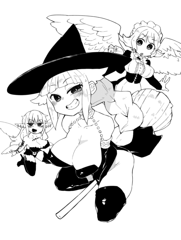 aloe_(ishuzoku_reviewers) black_and_white demia_duodectet female fully_clothed ishuzoku_reviewers masha meidri witch witch_hat