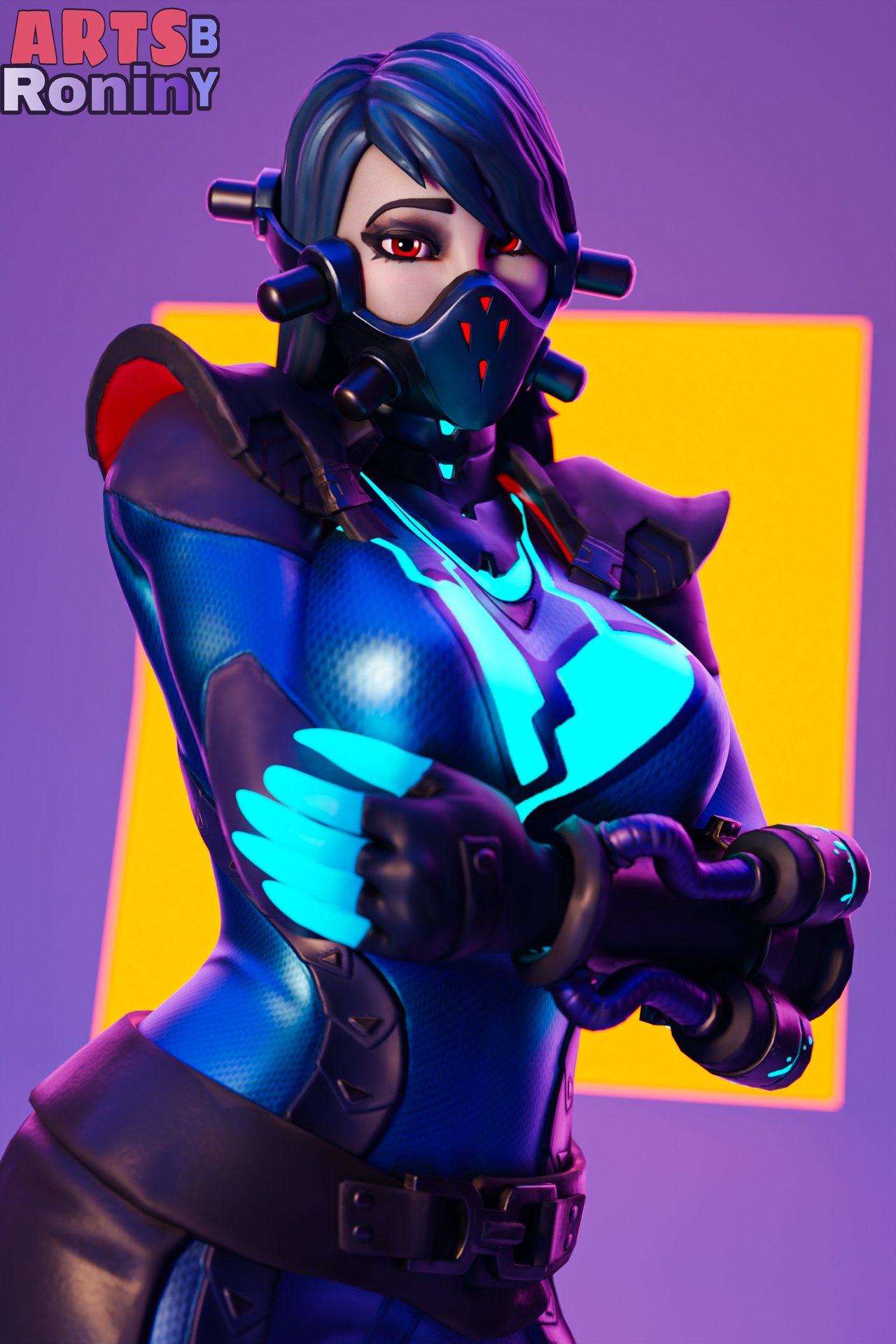 1girls 3d arms_crossed armwear artsbyronin big_breasts blender blue_hair bottomwear breasts close-up clothed clothing crossed_arms epic_games female female_focus female_only fortnite gloves handwear light-skinned_female light_skin looking_at_viewer mask masked masked_female pose posing red_eyes simple_background slurpentine solo solo_focus standing topwear watermark