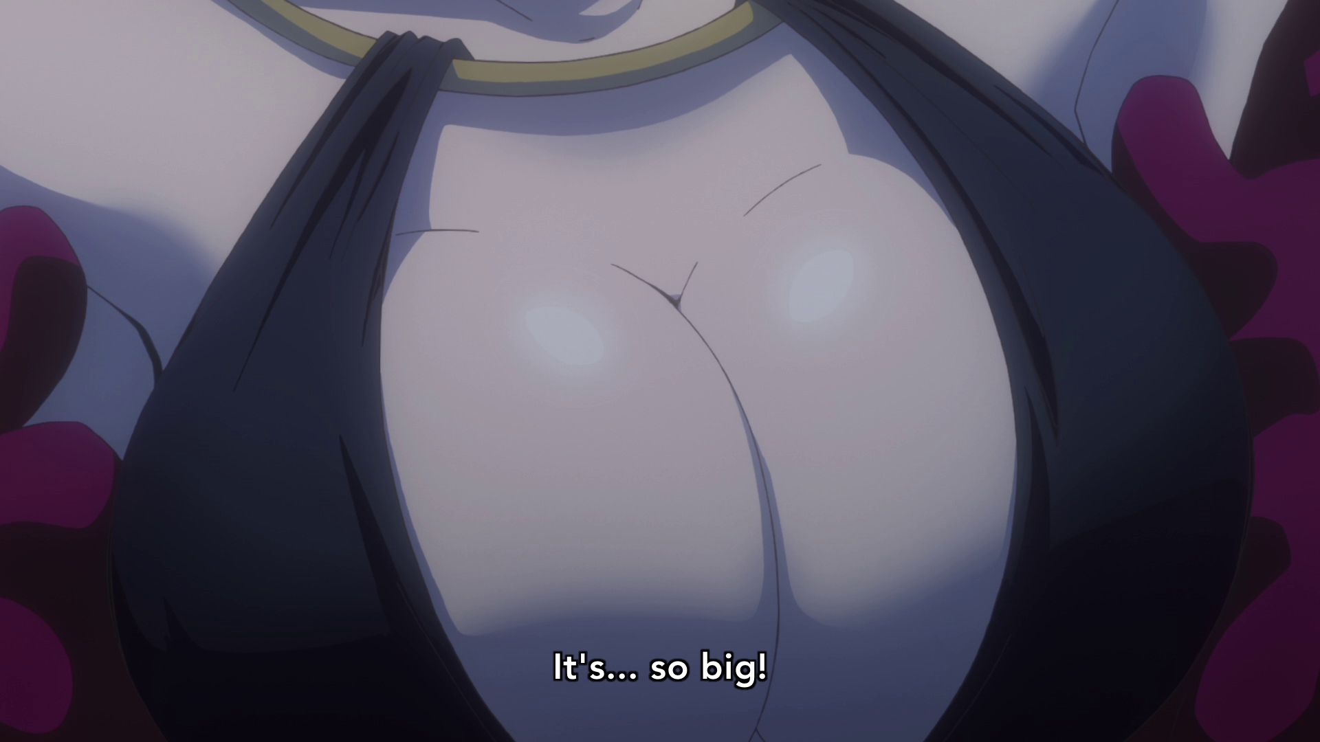 artist request, black dress, breasts, carina (one piece), cleavage, dress, english text, female, female only, large breasts, one piece, one piece film gold, screencap, screenshot