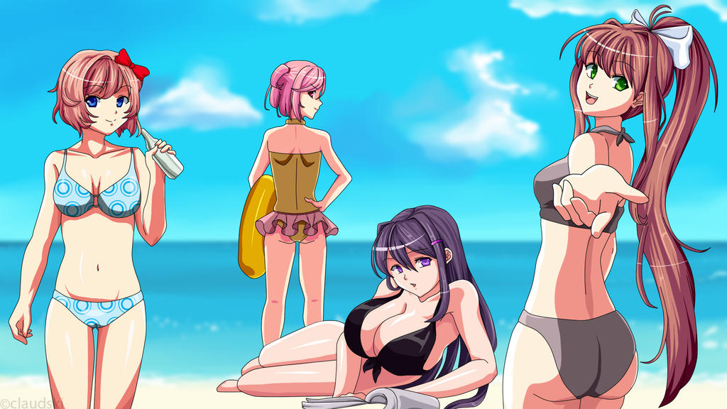 4girls 5_fingers ass big_breasts bikini bikini_bottom bikini_top black_bikini black_bikini_top blue_bikini blue_bikini_bottom blue_bikini_top blue_eyes bottle bow breasts claudski cleavage doki_doki_literature_club female female_only green_eyes grey_bikini grey_bikini_bottom grey_bikini_top hairbow innertube lifesaver light_blue_bikini long_hair monika_(doki_doki_literature_club) multiple_girls natsuki_(doki_doki_literature_club) pink_eyes pink_hair purple_eyes purple_hair red_bow red_hair_bow red_hairbow sayori_(doki_doki_literature_club) strawberry_print swimsuit_skirt water yuri_(doki_doki_literature_club)