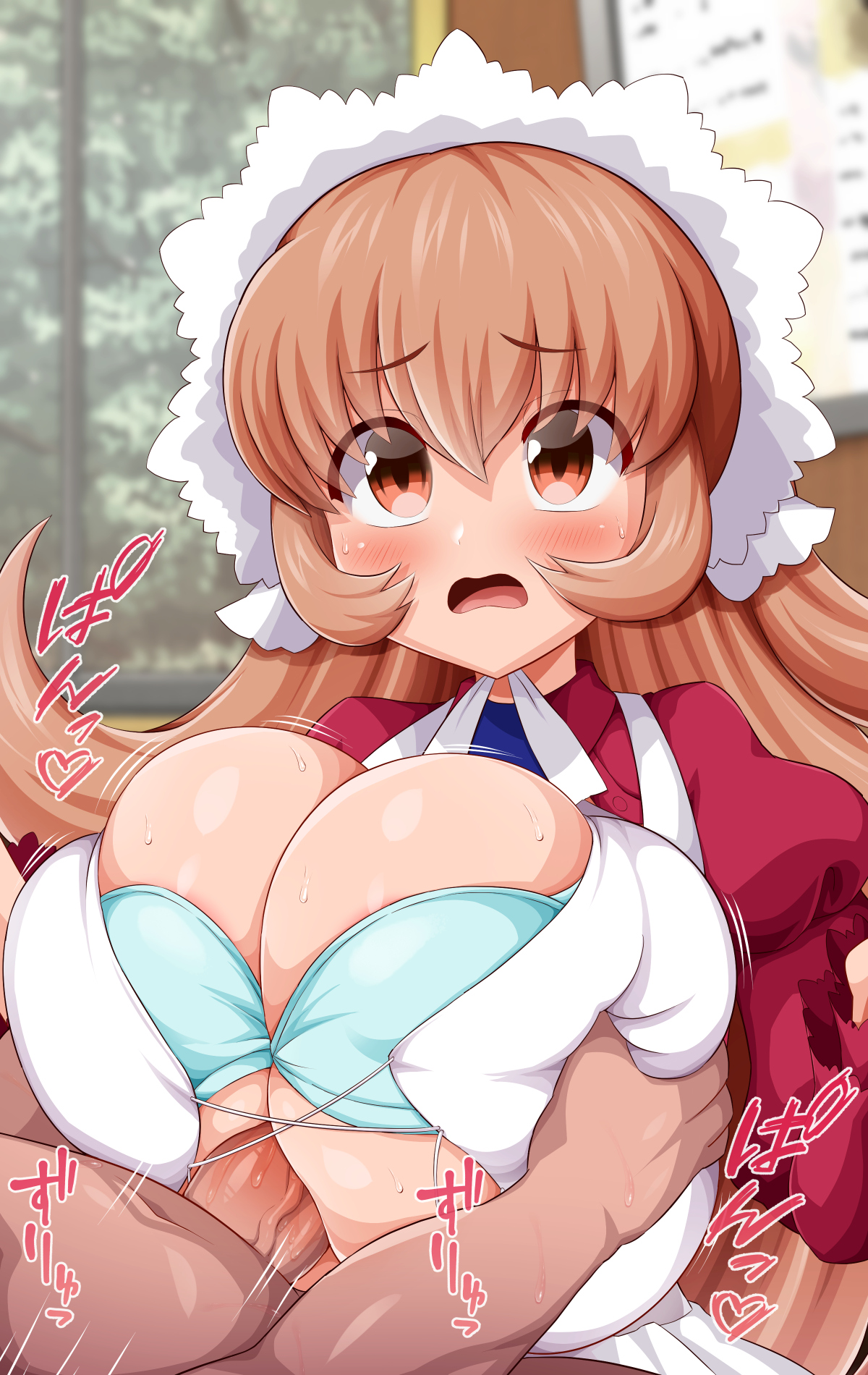 1boy, 1girls, blush, bra, breasts, brown eyes, brown hair, cleavage, clothing, dark skin, dark-skinned male, female, grabbing breasts, groping, japanese text, kodomo no jikan, light skin, light-skinned female, long hair, maid, maid headdress, male, monaka (gatinemiku), older male, older male and younger female, paizuri, penis, tagme, text, usa mimi, young, younger female