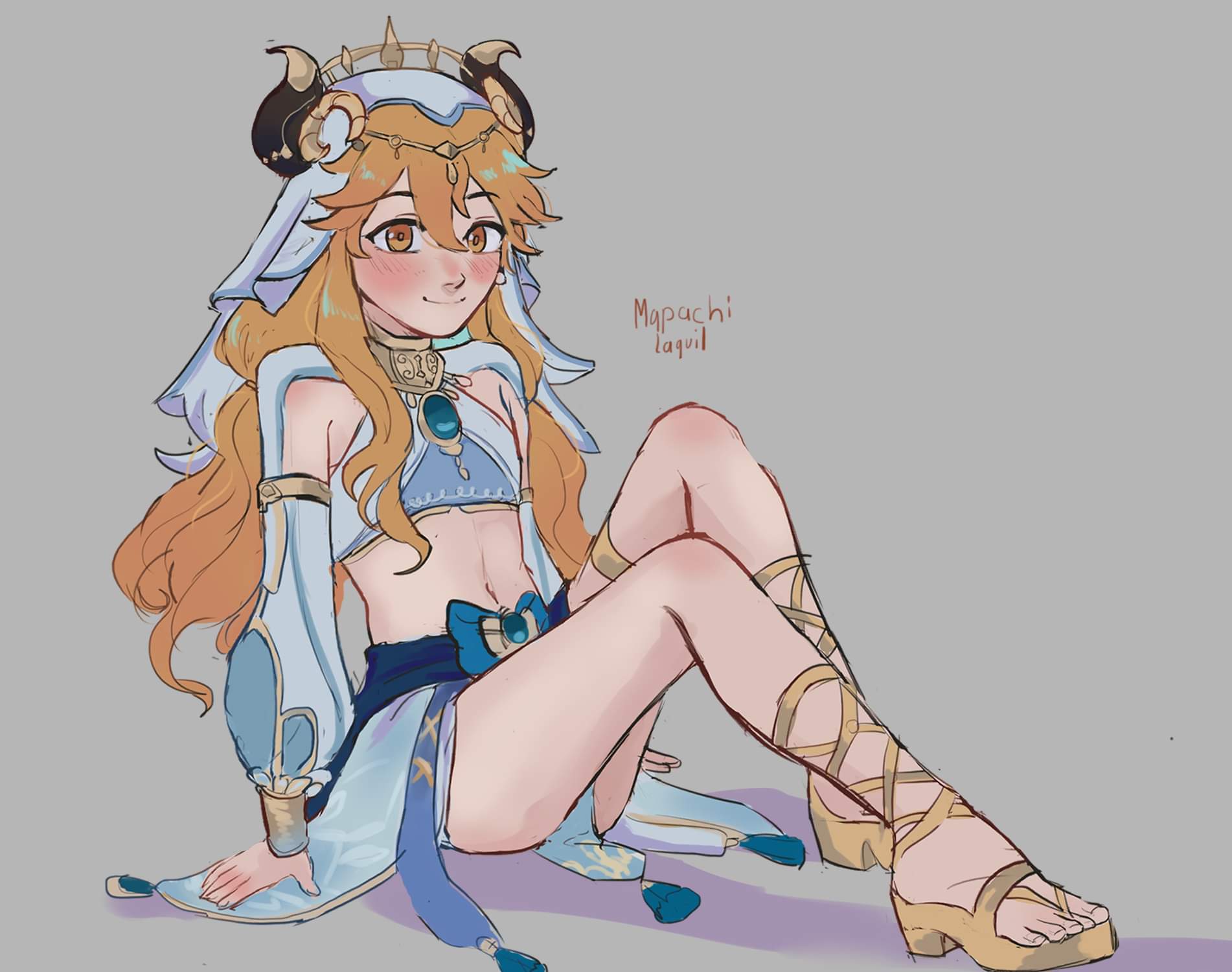 1boy, aether (genshin impact), blonde hair, blush, cosplay, femboy, femboy aether, genshin impact, gladiator sandals, looking at viewer, male, male only, nilou (genshin impact) (cosplay), solo, submissive, submissive male, trap