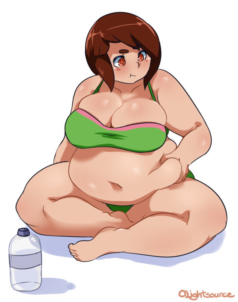 1girls, barefoot, belly, belly grab, big belly, bra, breasts, brown eyes, brown hair, cleavage, female, highres, huge breasts, lightsource, original, panties, plump, pout, purin (lightsource), solo, tagme, thick eyebrows, thick thighs, thighs, underwear