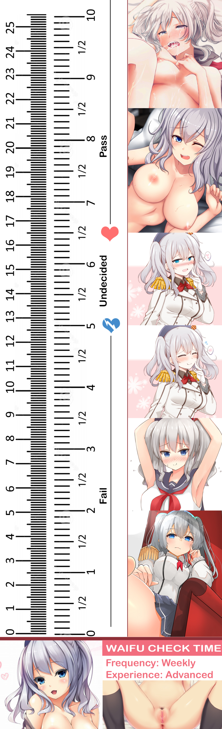 absurdres blush breasts highres implied_sex kantai_collection kashima_(kantai_collection) large_breasts measuring nipples one_eye_closed penis_measuring penis_reaction_chart pubic_hair pussy ruler silver_hair uncensored