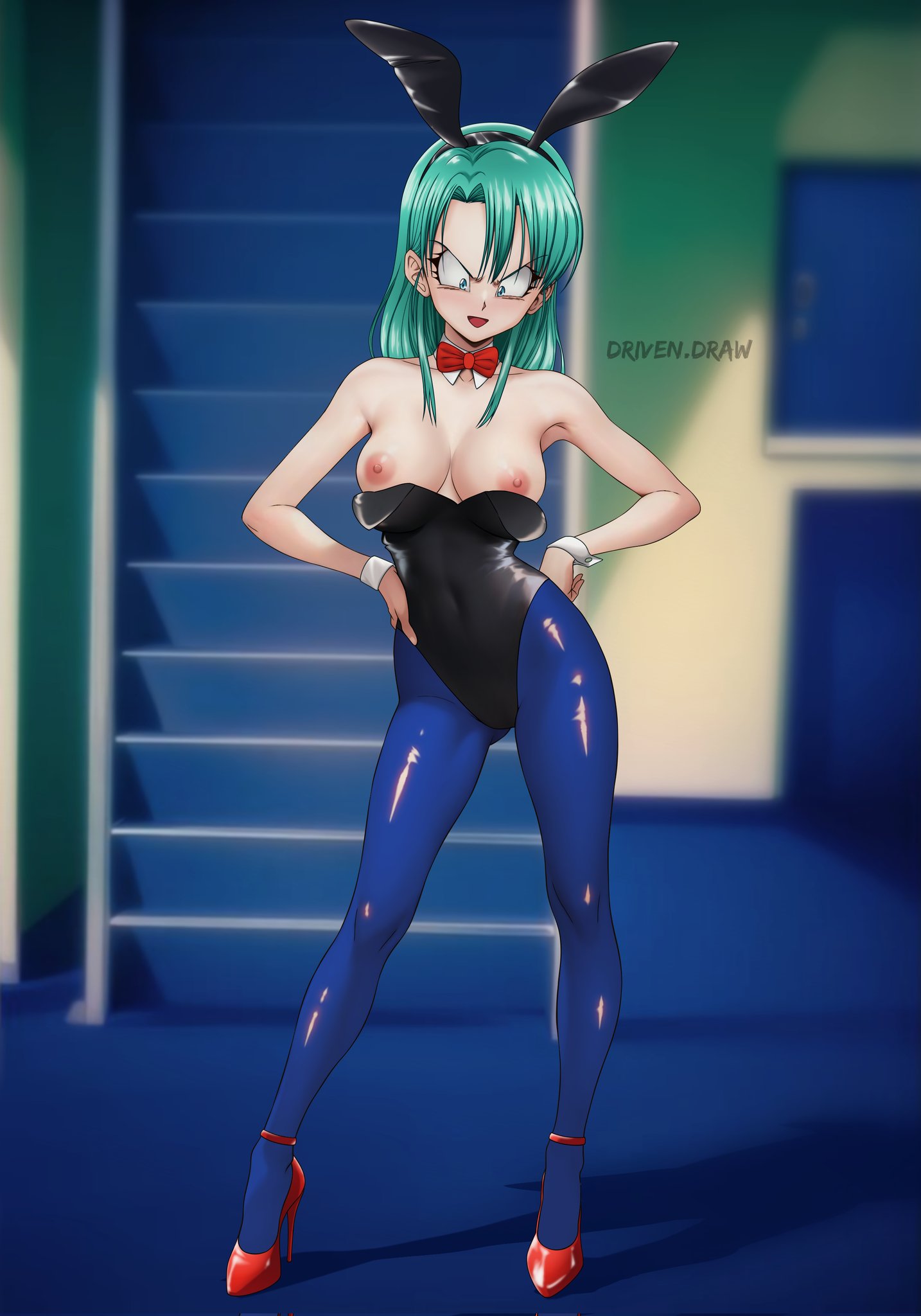 accidental_exposure angry angry_eyes angry_face breasts breasts_out bulma bulma_(bunny) bulma_briefs bunny_ears bunnysuit dragon_ball dragon_ball_(classic) drivendraw exposed_breasts shocked_expression teenage_bulma teenager tight_clothing tights wardrobe_malfunction