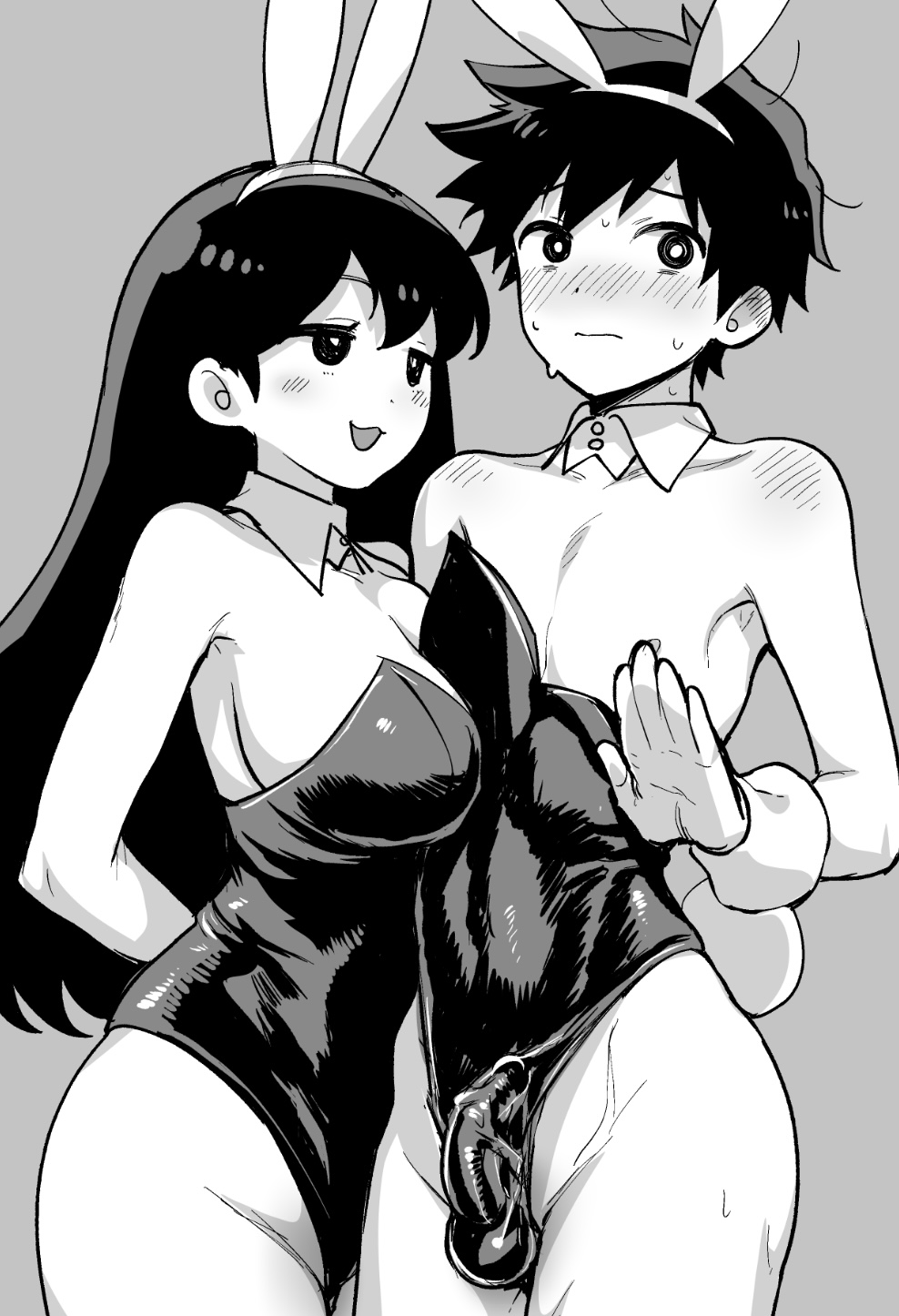 1boy 1girls blush bunny_boy bunny_girl bunnysuit echigoya_takeru flustered grayscale hero_(omori) looking_away mari_(omori) omori sweating