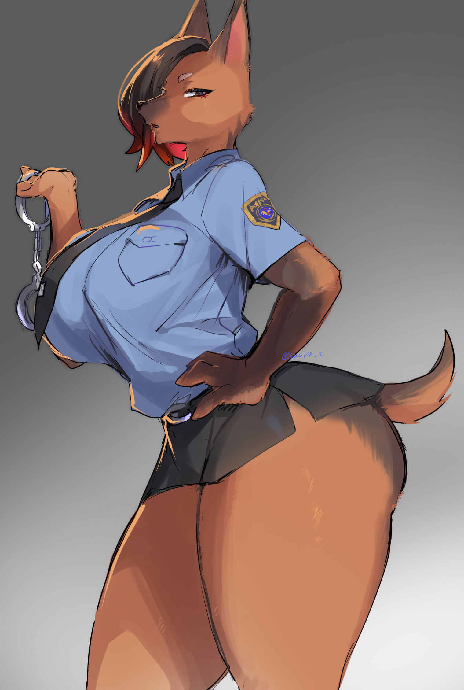 4 fingers, anthro, ass, big ass, big breasts, big butt, bottomwear, breasts, canid, canine, canis, clothed, clothing, cuff (restraint), digital media (artwork), domestic dog, female, fingers, fully clothed, gradient background, grey background, hand on hip, handcuffs, hi res, huge breasts, huge thighs, kemono, mammal, metal cuffs, miniskirt, necktie, police, police uniform, restraints, shackles, shaded, simple background, skirt, snout, solo, suurin (ksyaro), thick thighs, uniform, white background
