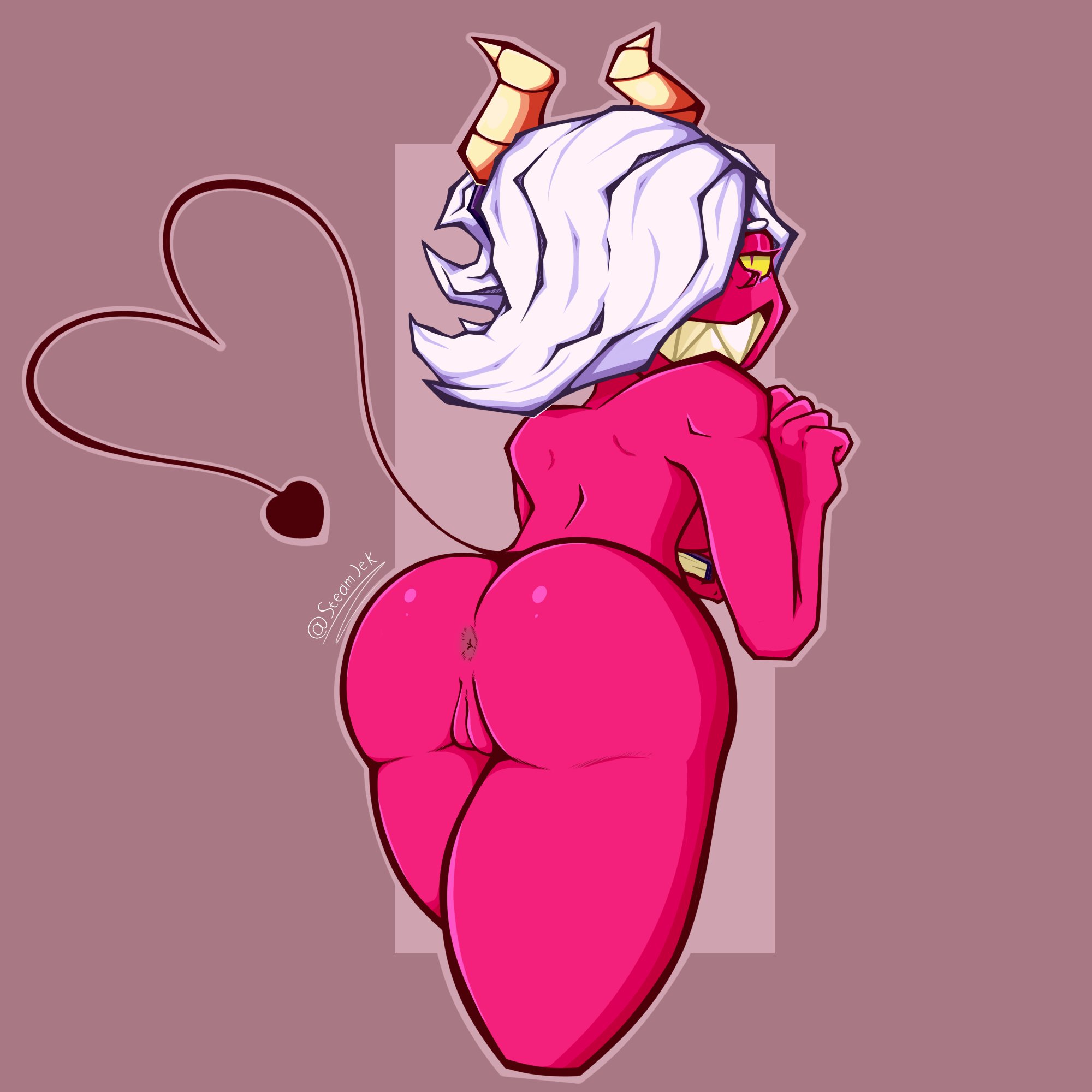 anus, ass, behind view, brawl stars, colette (brawl stars), demon, demon girl, demon tail, demon wings, female, female only, hair over one eye, looking at viewer, looking back, looking back at viewer, nude, nude female, pink skin, pussy, sharp teeth, solo, solo female, steamjek (artist), tail, trixie colette (brawl stars), white hair, wings, yellow sclera