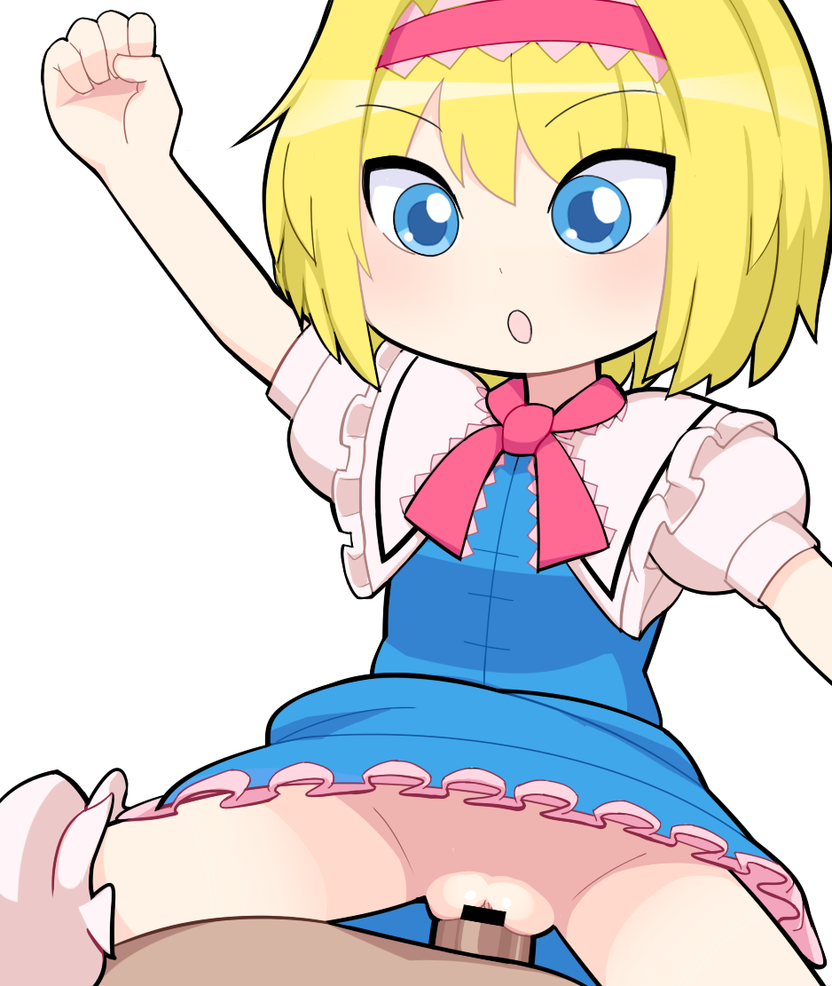 1boy alice_margatroid bar_censor blonde_hair blue_dress blue_eyes blush bow bowtie breasts censored clothed_sex commentary cookie_(touhou) cowboy_shot dress female frilled_dress frilled_sash frills hairband hospital_king ichigo_(cookie) medium_bangs open_mouth penis pink_bow pink_bowtie pink_hairband pink_sash pov pussy sash sex short_hair simple_background small_breasts solo_focus straight textless_version touhou vaginal_penetration white_background