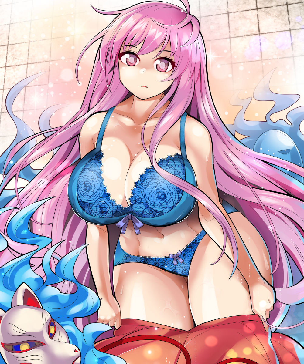 alternate_breast_size bent_over blue_bra blue_panties bow bow_bra bow_panties bra breasts cleavage clip_studio_paint collarbone female fox_mask hata_no_kokoro highres huge_breasts lace lace_bra lace_panties leaning_forward lingerie long_hair mask oo_umigarasu open_mouth panties pink_eyes pink_hair solo touhou umigarasu_(kitsune1963) underwear undressing very_long_hair wide_hips