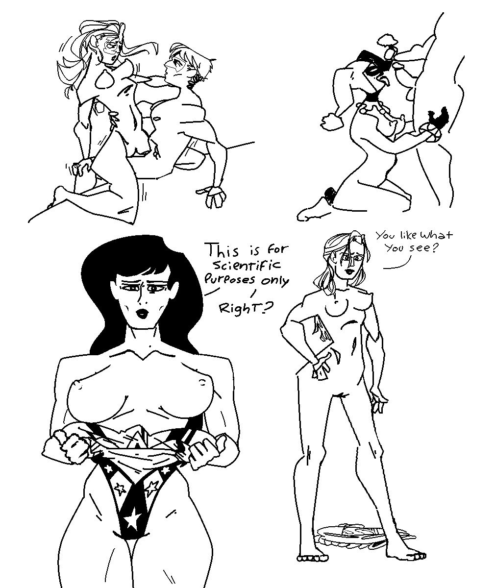 batman_(series) black_and_white breasts_out cowgirl_position dc_comics dialog dialogue fellatio_gesture green_lantern green_lantern_(series) harley_quinn harley_quinn_(classic) jessica_cruz justice_league monochrome mwwebl naked naked_female open_mouth sketch_page standing supergirl superman_(series) wonder_woman wonder_woman_(series)