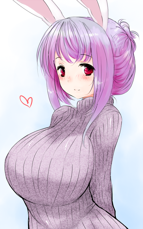 animal_ears arms_behind_back blush breasts female female_focus hair_bun han_(jackpot) heart huge_breasts purple_hair rabbit_ears red_eyes reisen_udongein_inaba single_hair_bun smile solo sweater touhou upper_body