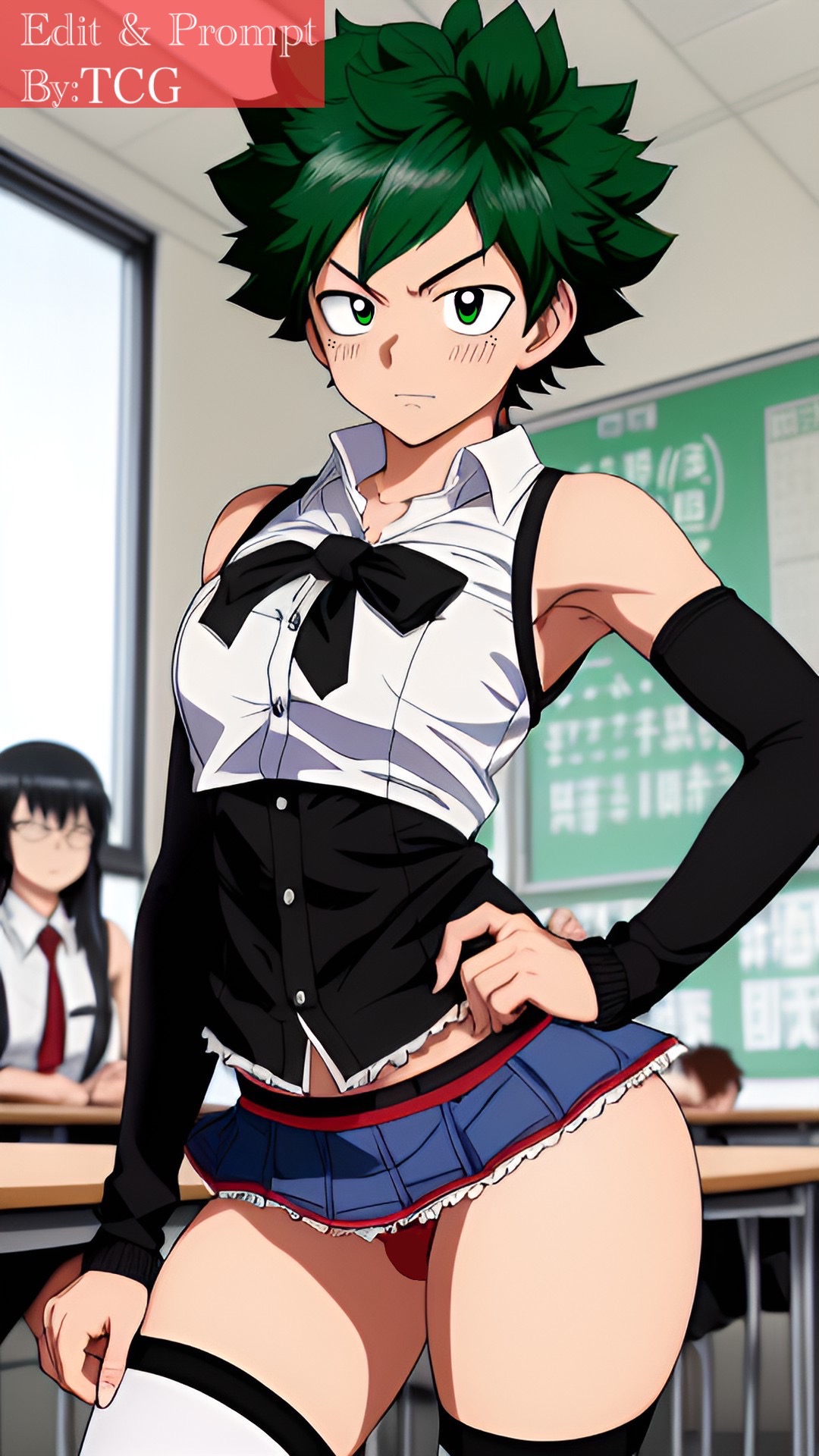 1boy, ai generated, classroom, deku, femboy, green eyes, green hair, izuku midoriya, male, male only, midoriya izuku, miniskirt, my hero academia, solo, thechronicgamer, thighhighs, trap, white skin