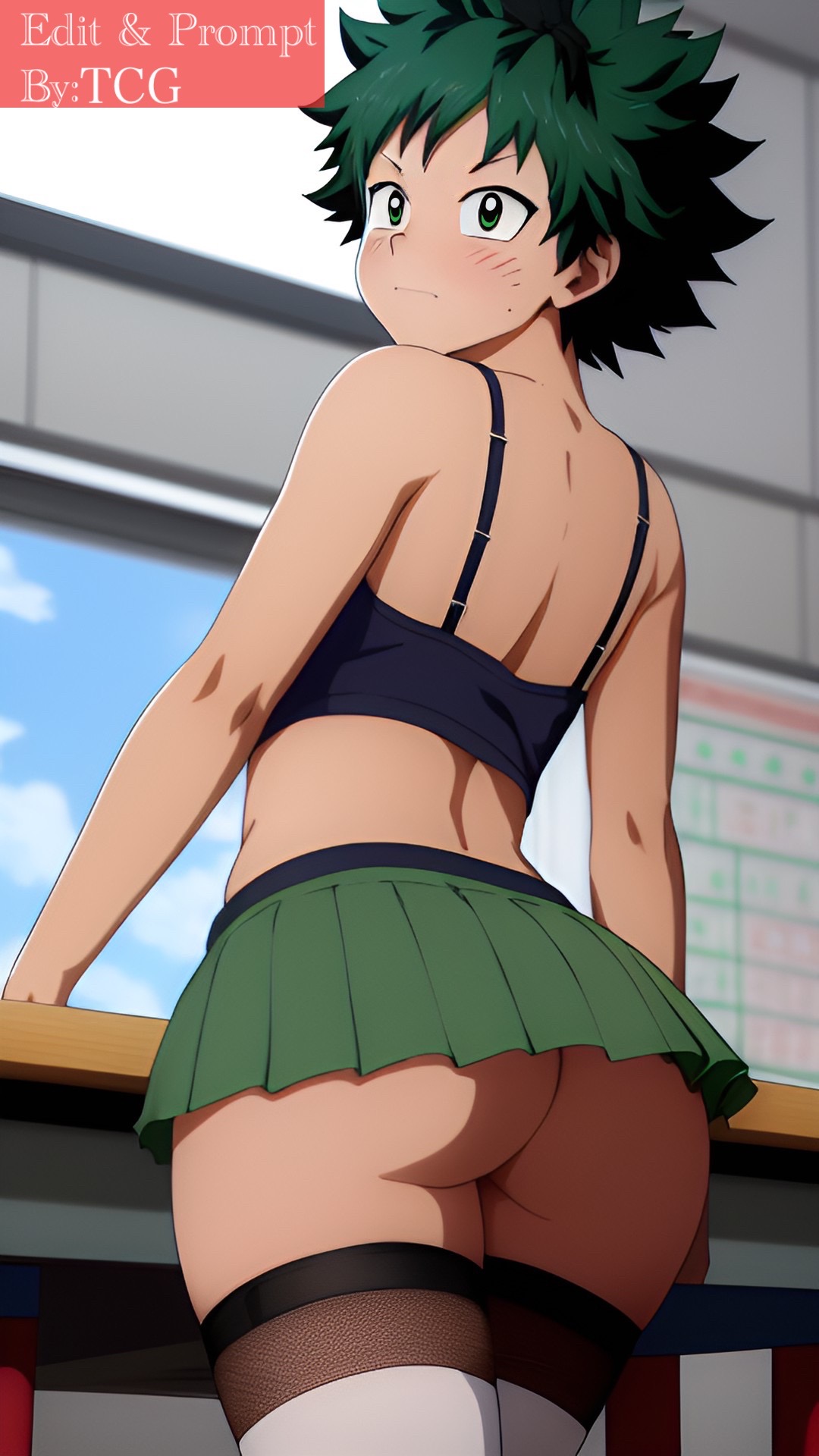 ai_generated camisole caught classroom deku embarrassed femboy green_eyes green_hair izuku_midoriya male_only midoriya_izuku miniskirt my_hero_academia no_panties thechronicgamer thighhighs white_skin