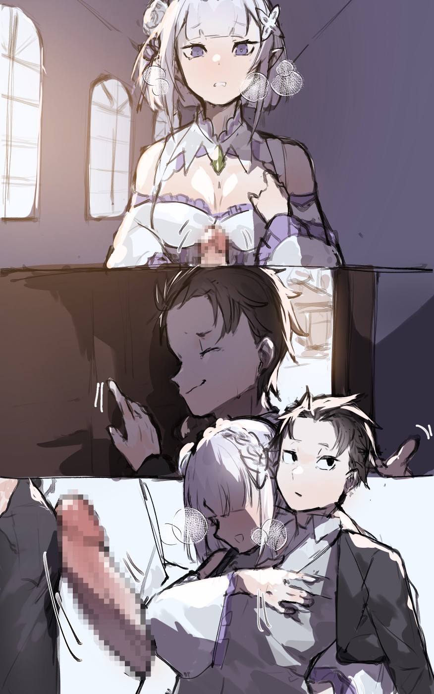 1boy 1futa angeru_(pixiv9562919) big_penis black_hair breasts censored clothed clothing dickgirl/male duo emilia_(re:zero) erection from_behind from_behind_position fully_clothed futa_on_male futadom futanari grabbing grabbing_chest grinding groping huge_cock hugging human humanoid larger_futanari light-skinned_futanari light-skinned_male light_skin male mosaic_censoring mostly_clothed natsuki_subaru penis penis_against_ass re:zero_kara_hajimeru_isekai_seikatsu rubbing_ass short_hair skindentation smaller_male standing submissive_male white_hair