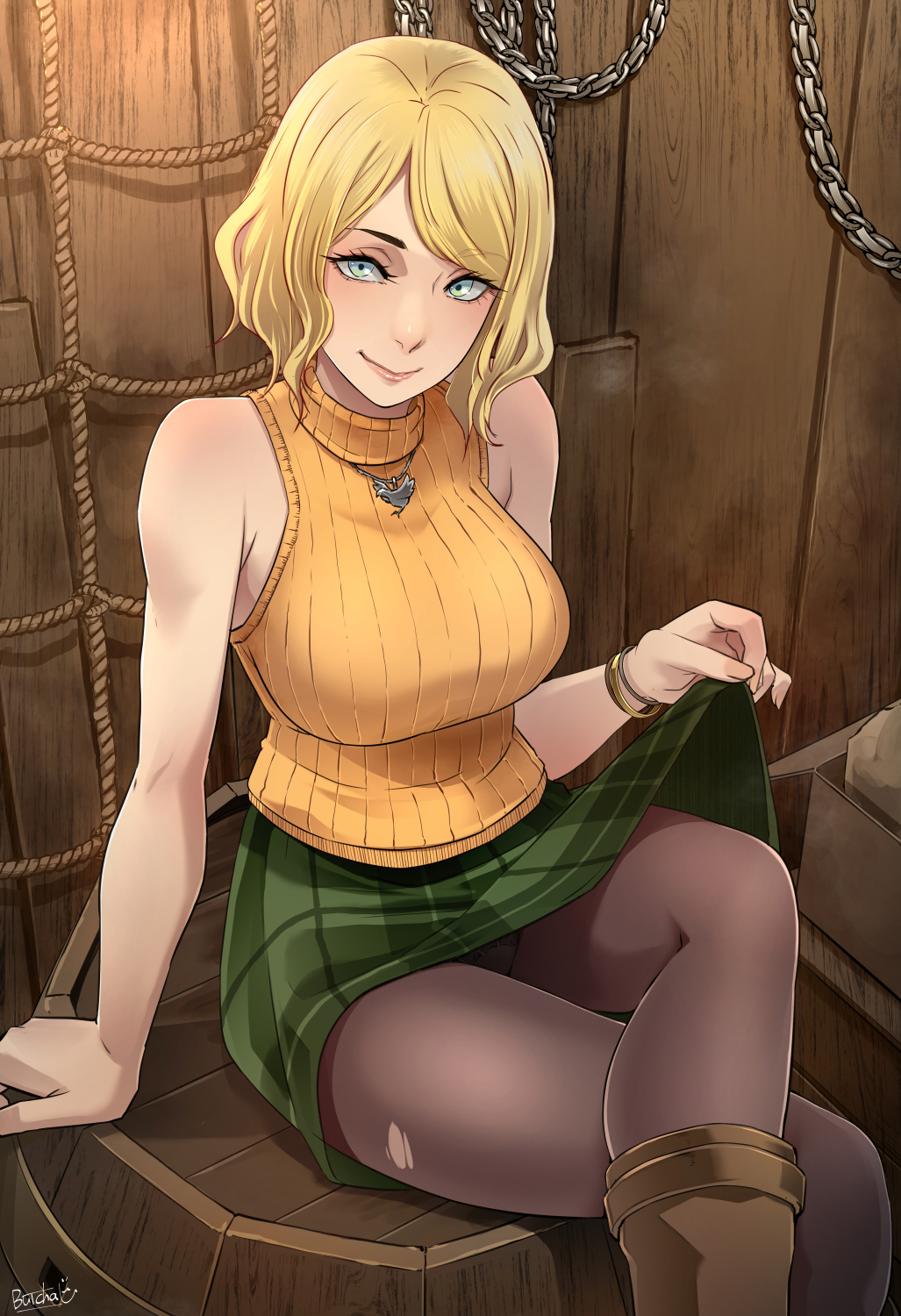 1girls, ashley graham, ashley graham (ella freya), barrel, blue eyes, butcha-u, female, female focus, female only, miniskirt, resident evil, resident evil 4, resident evil 4 remake, seductive smile, skirt, skirt lift, sleeveless turtleneck