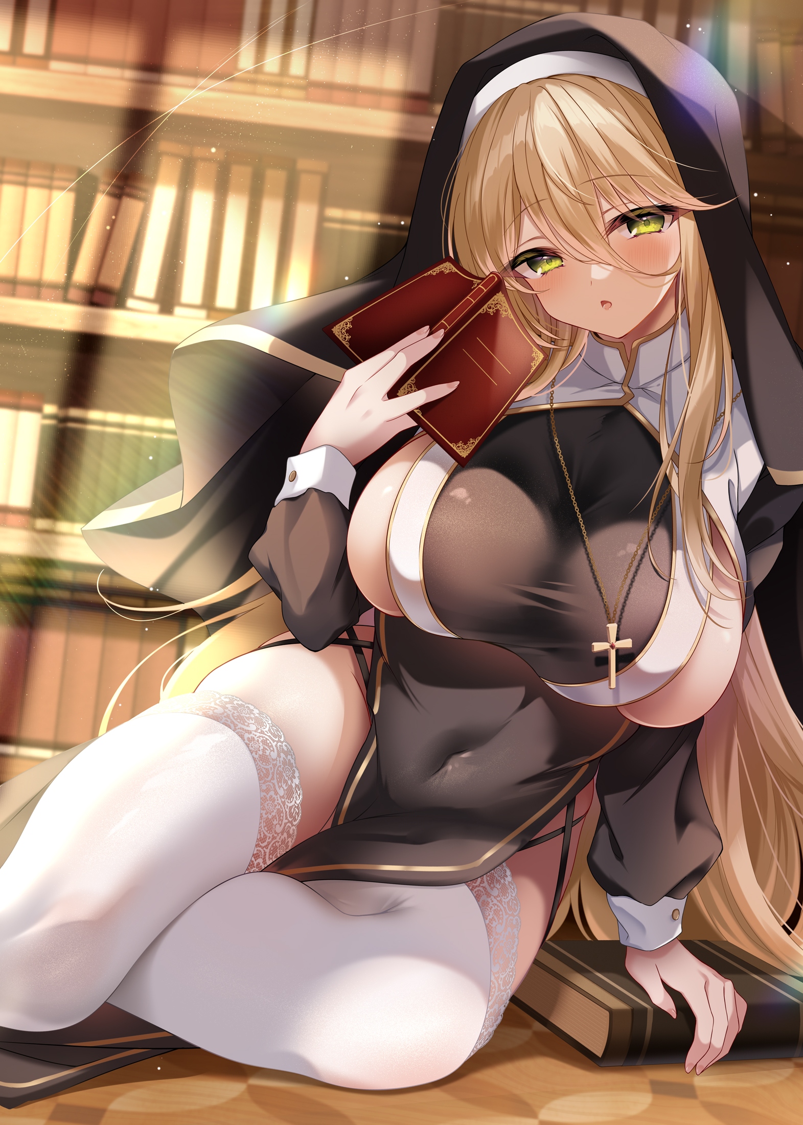 1girls, 2023, absurd res, akatsuki (aktk511), black dress, blonde hair, blush, book, bookshelf, breasts, christian cross, clothing, cross necklace, dress, eyebrows visible through hair, female, female only, green eyes, hair between eyes, highres, holding book, indoors, large breasts, library, long hair, nun, nun's habit, on floor, open mouth, original, pelvic curtain, revealing clothes, sideboob, sitting, skindentation, solo, sunlight, thighhighs, thighs, tongue, very long hair, yokozuwari, zettai ryouiki