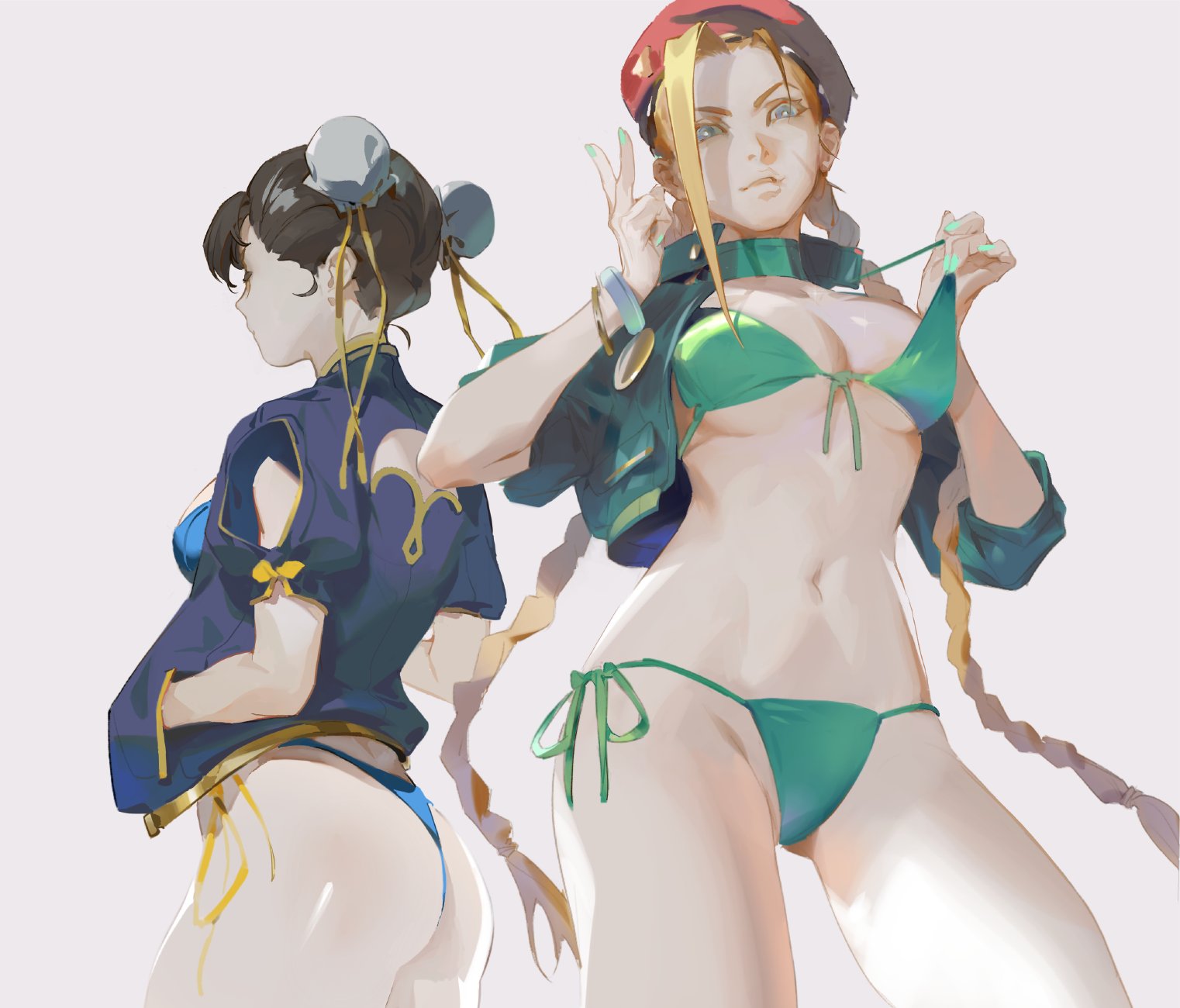 2girls, alternate costume, ass, beret, bikini, blonde hair, blue eyes, bracelet, breasts, brown hair, cammy white, capcom, chun-li, cleavage, clothing cutout, cropped jacket, double bun, female, female only, front-tie top, hair bun, jacket, jewelry, large breasts, light skin, light-skinned female, luca xu, midriff, nail polish, open clothes, open jacket, peace sign, scar, street fighter, street fighter v, string bikini, swimsuit, thighs, twin braids, underboob, white background
