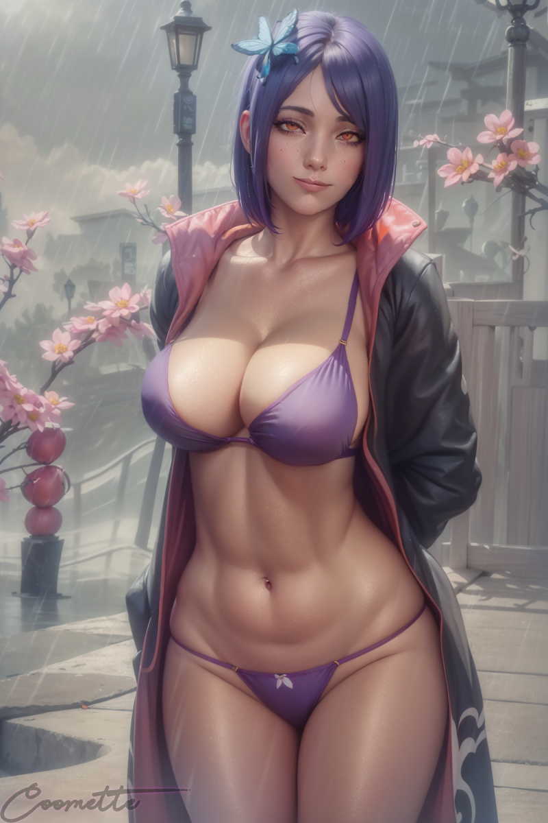 1girls abs ai_generated almost_naked barely_clothed big_breasts bikini blue_hair blush bob_cut bra breasts busty cleavage cloak coomette female female_focus female_only flowers flowers_in_hair hair_ornament highres konan legs_together midriff milf mostly_nude naruto naruto_(series) naruto_shippuden open_clothes orange_eyes outdoors pinup raining toned toned_female top_heavy tree underwear voluptuous_female water_drop