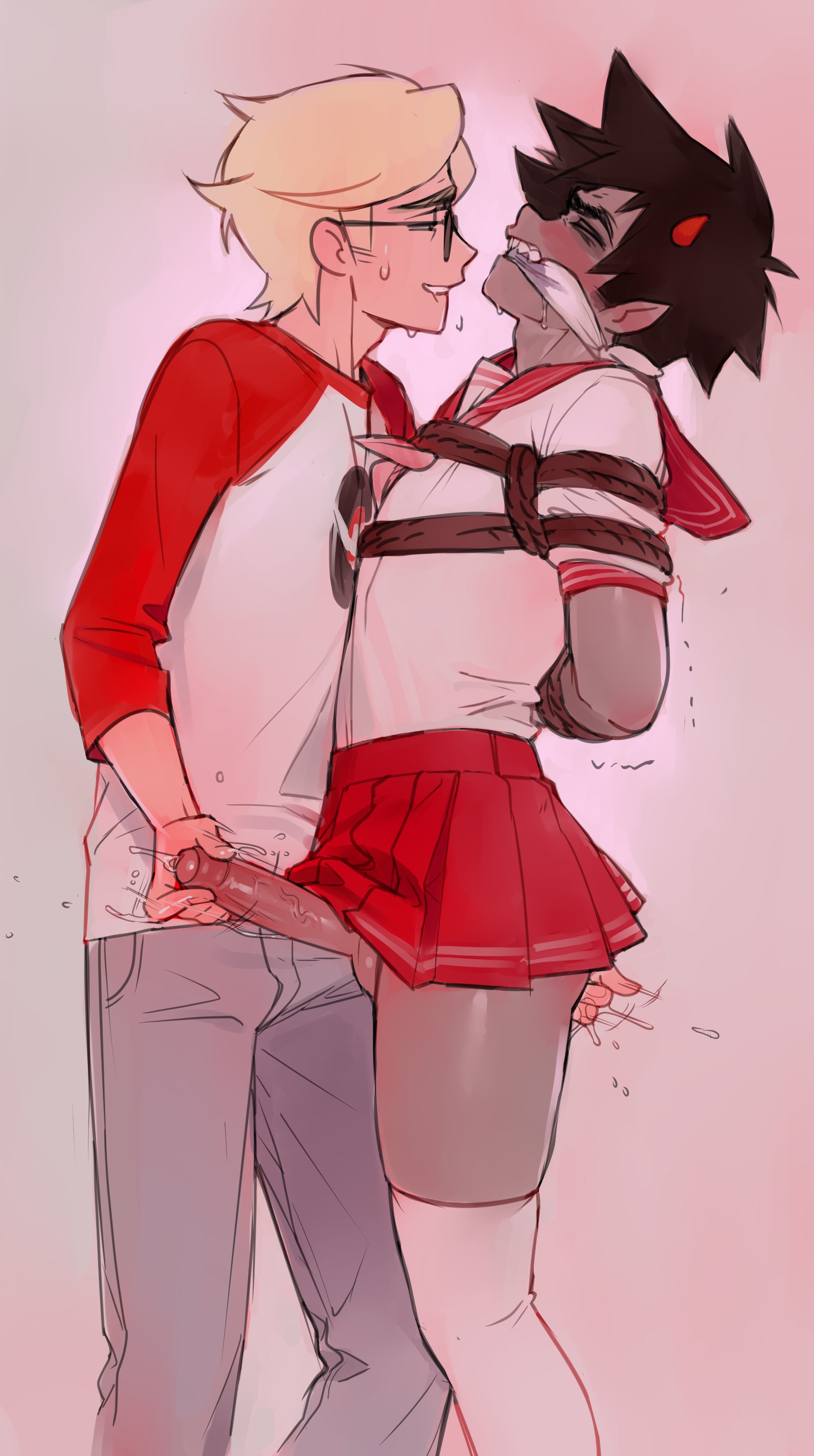 2boys, 2d, anal, anal fingering, biting lip, black hair, blonde hair, blush, bondage, closed eyes, clothed, clothing, crossdressing, dave strider, femboy, femboysub, gag, gagged, gay, handjob, homestuck, horn, horns, karkat vantas, lacryboy, light skin, male, male on femboy, male only, male/male, ms paint adventures, penis, pointy ears, rope, rope bondage, school uniform, thighhighs, yaoi