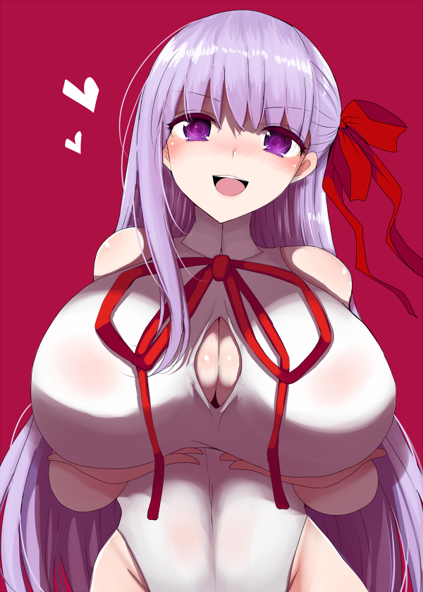 bare_shoulders bb_(fate) bb_(fate/extra) blush breasts cleavage cleavage_cutout clothing_cutout fate/grand_order fate_(series) female hair_ribbon han_(jackpot) heart highleg highleg_leotard huge_breasts leotard long_hair looking_at_viewer open_mouth purple_eyes purple_hair ribbon simple_background smile solo swimsuit upper_body very_long_hair