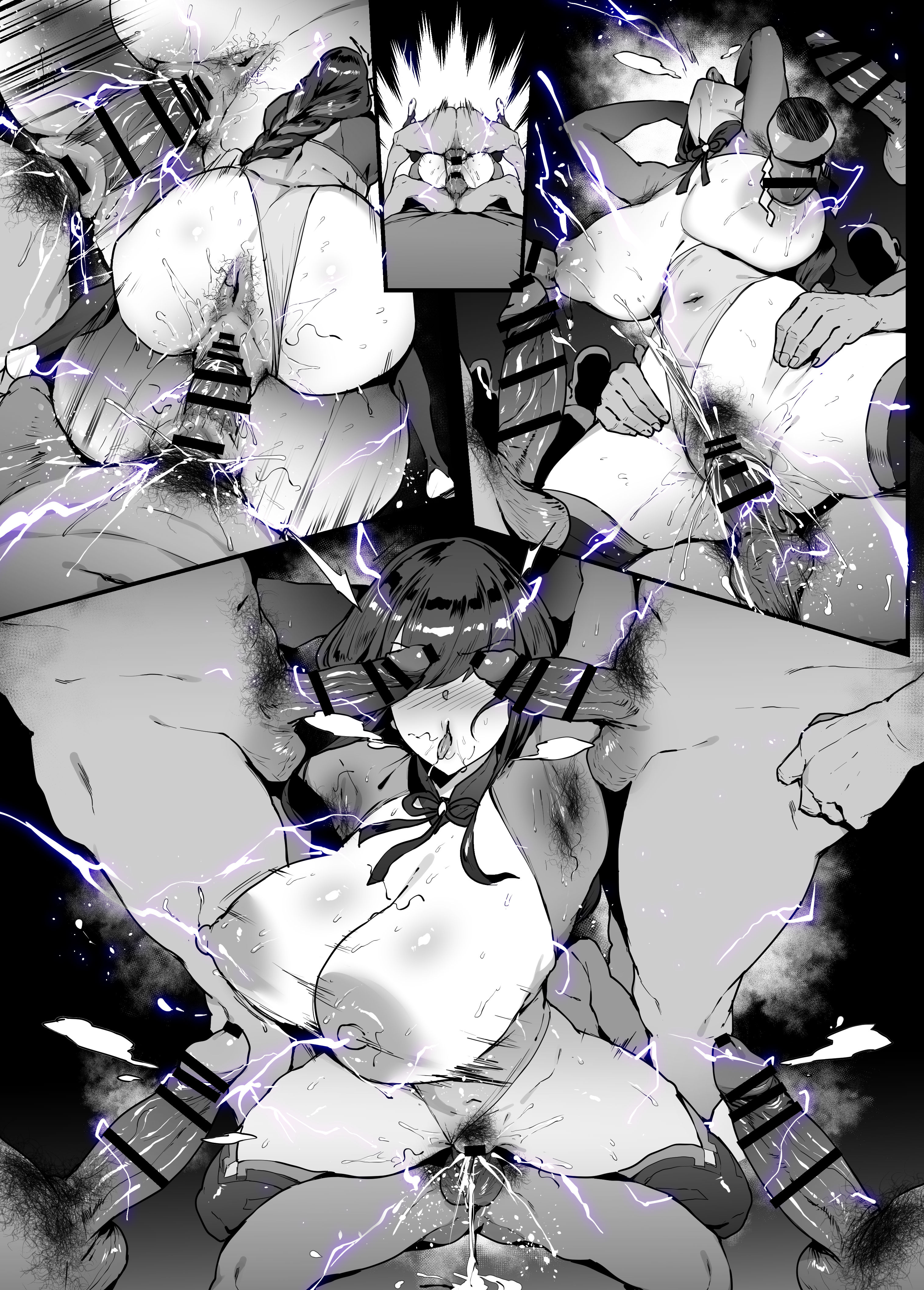 1boy, 5boys, absurdres, ahe gao, anal hair, armpit hair, balls, bar censor, black and white, breasts, censored, cum, cum in pussy, electricity, female, female orgasm, forced orgasm, genshin impact, gigantic breasts, highres, large breasts, large penis, male, monochrome, multiple boys, multiple males, orgasm, penis, penis over eyes, pubic hair, pussy, raiden shogun, reverse cowgirl position, rough sex, sex, stray pubic hair, testicles, thick thighs, thighs, thirty 8ght, vaginal penetration