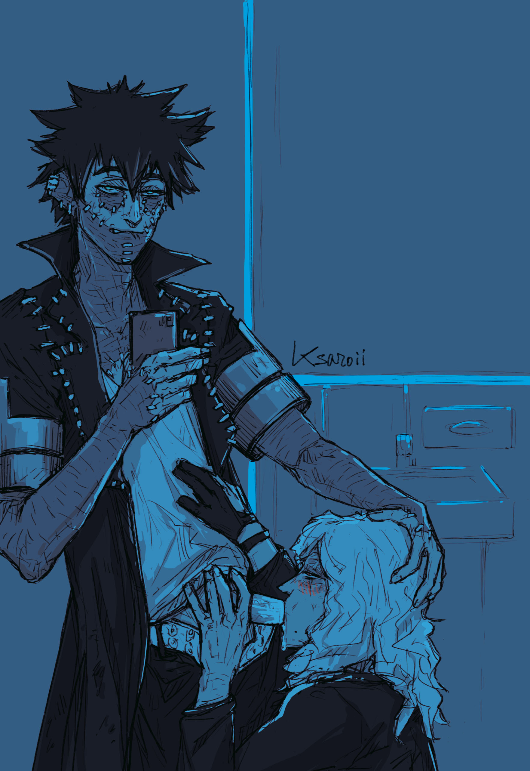 bathroom, blowjob, clothed, dabi, gay, ksaroii, male, male/male, my hero academia, shigaraki tomura, todoroki touya, tomura shigaraki, touya todoroki, yaoi