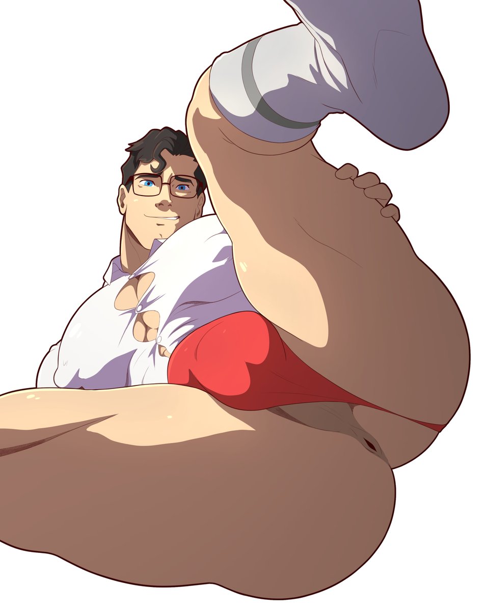 1boy, anus, bara, big nipples, big pecs, black hair, blue eyes, bulge, clark kent, dc, dc comics, dkmate, erect nipples, glasses, hand on own thigh, hand on thigh, human, human only, kal-el, leg up, legs apart, legs spread, light skin, light-skinned male, looking at viewer, male, male focus, male only, muscles, muscular, nipple bulge, nipples, nipples bulge, pecs, pectoral bulge, pectorals, presenting, presenting anus, presenting hindquarters, red thong, red underwear, shirt, showing ass, socks, solo, solo focus, solo male, spread legs, superman, superman (clark kent), superman (series), thick thighs, thong, tight clothing, tight shirt, underwear, white background, white shirt, white socks, yaoi