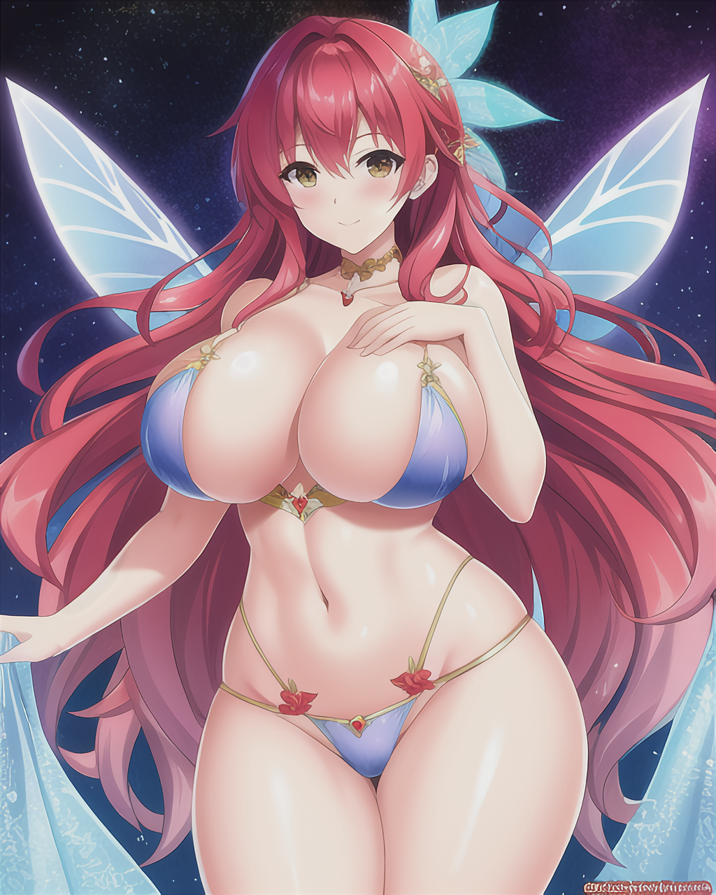 ai_generated bikini breasts_bigger_than_head fairy fairy_wings female female_focus female_only hand_on_breast huge_breasts long_hair red_hair small_bikini thick_female thick_thighs wings yellow_eyes zerjailes