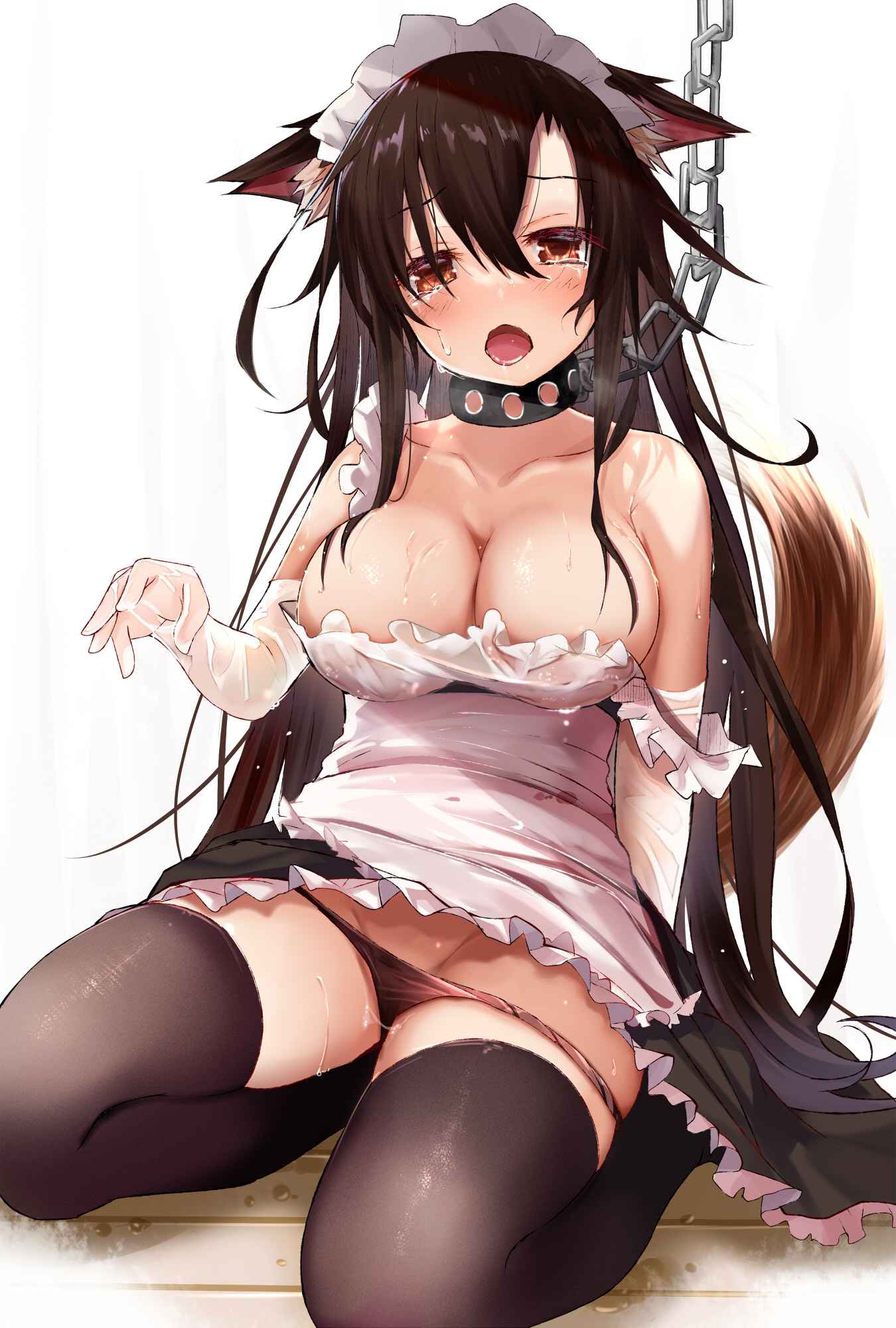alternate costume, animal ears, big breasts, breasts, chain leash, chains, cleavage, efe, enmaided, female, femsub, kagerou imaizumi, maid, maid headdress, no bra, open mouth, panties, panty pull, slave, slave girl, sleeveless, sleeveless dress, strap slip, suggestive look, tears, thighhighs, touhou, wet, wet clothes