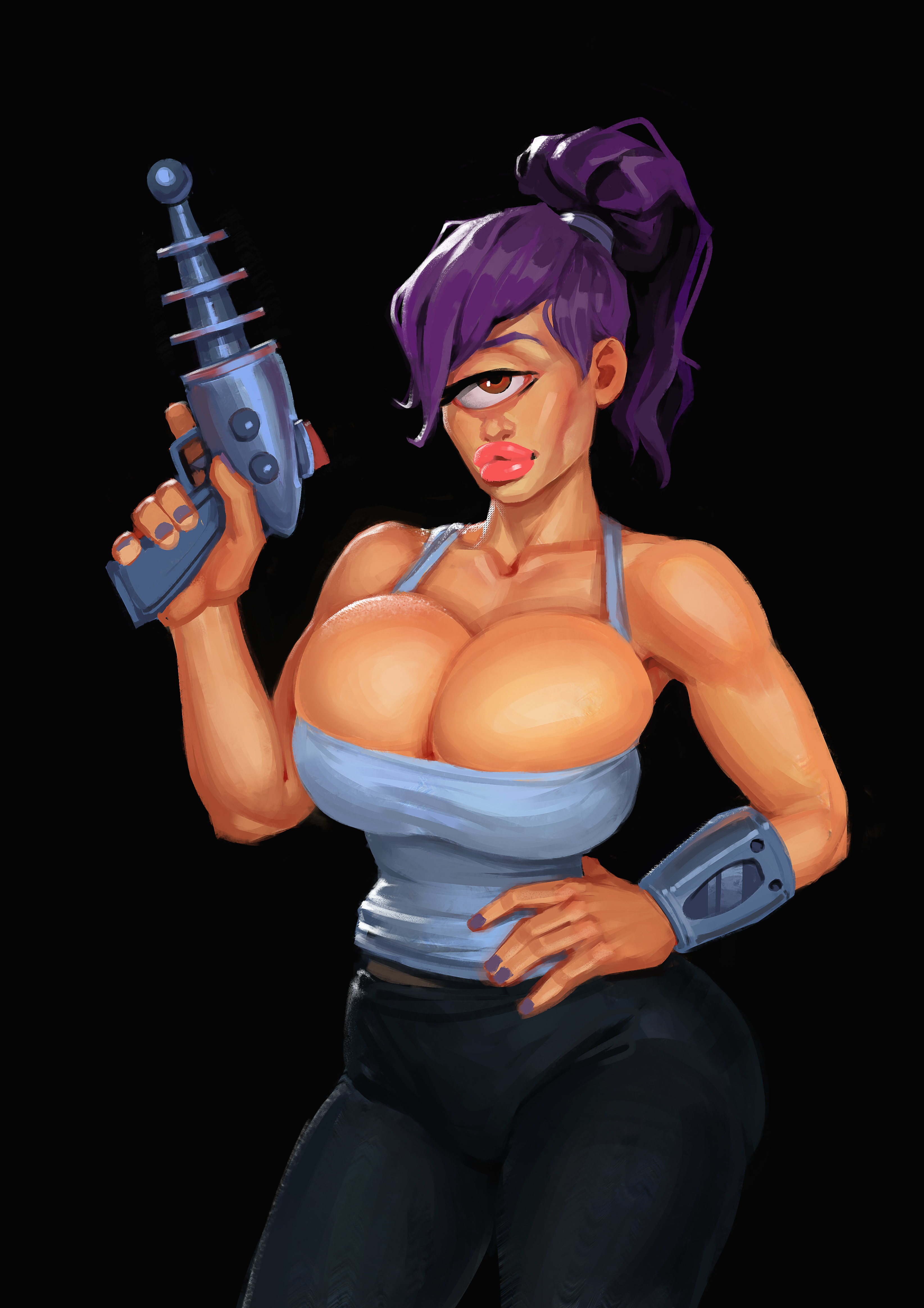 1 eye, alternate version available, big breasts, boobsgames, breasts, cleavage, cyclops, female, futurama, gun, huge breasts, large breasts, purple hair, retrofuturism, turanga leela, weap