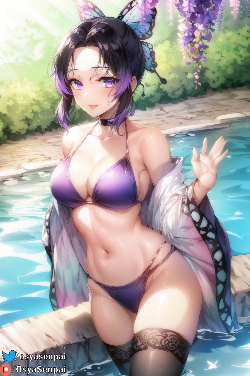 1girls ai_generated bikini black_hair breasts demon_slayer female female_only in_pool in_water kimetsu_no_yaiba kochou_shinobu looking_at_viewer medium_breasts medium_hair mommy multicolored_hair osyasenpai outdoors partially_submerged purple_eyes purple_hair solo stable_diffusion swimsuit thighs