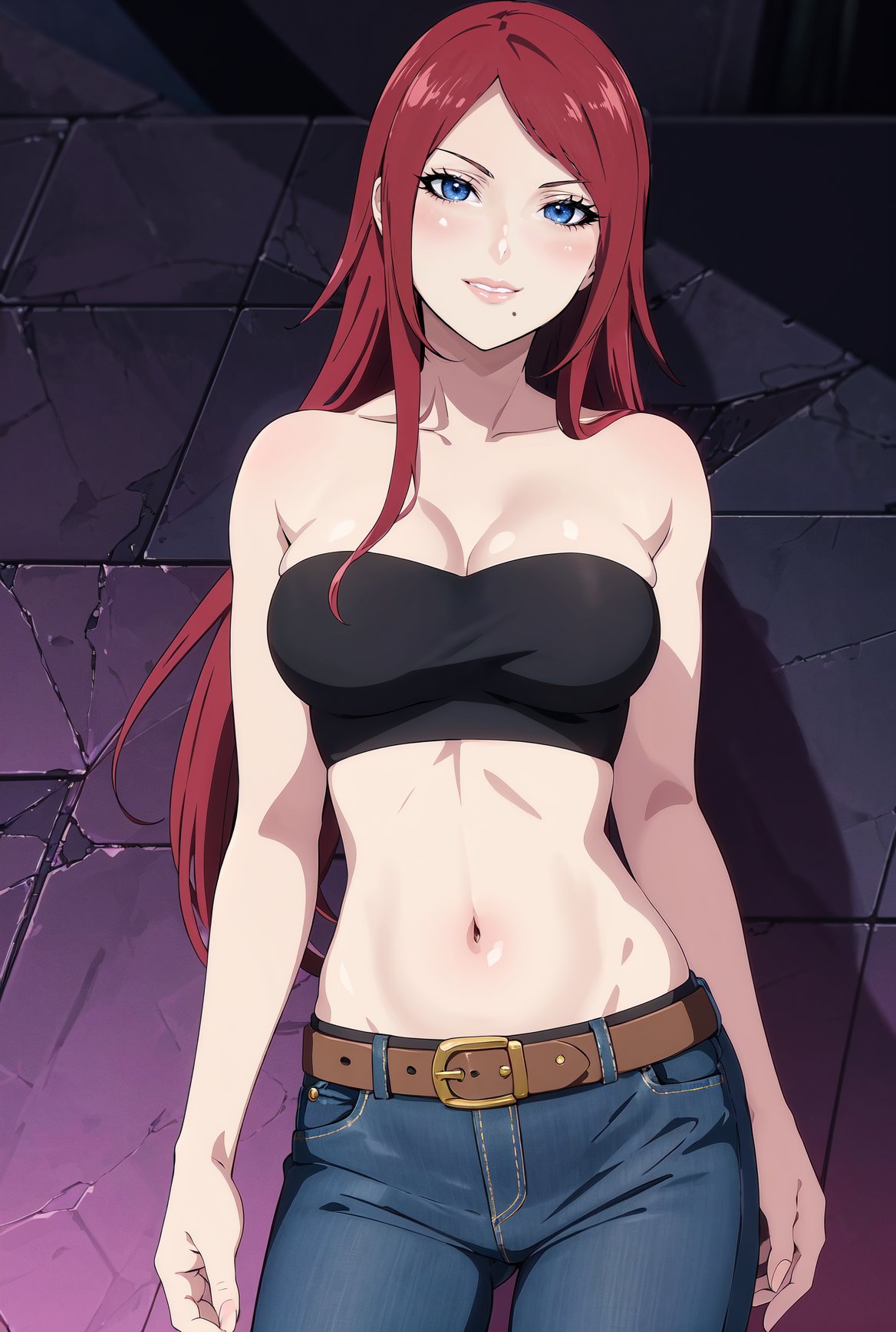 1girls ai_generated bare_shoulders belly belt big_breasts black_strapless blue_eyes cleavage female female_only fuuka_(naruto) highres jeans kix_(artist) lips long_hair maroon_hair midriff mole mole_under_mouth naruto naruto_(series) naruto_shippuden smile smirk solo stable_diffusion strapless