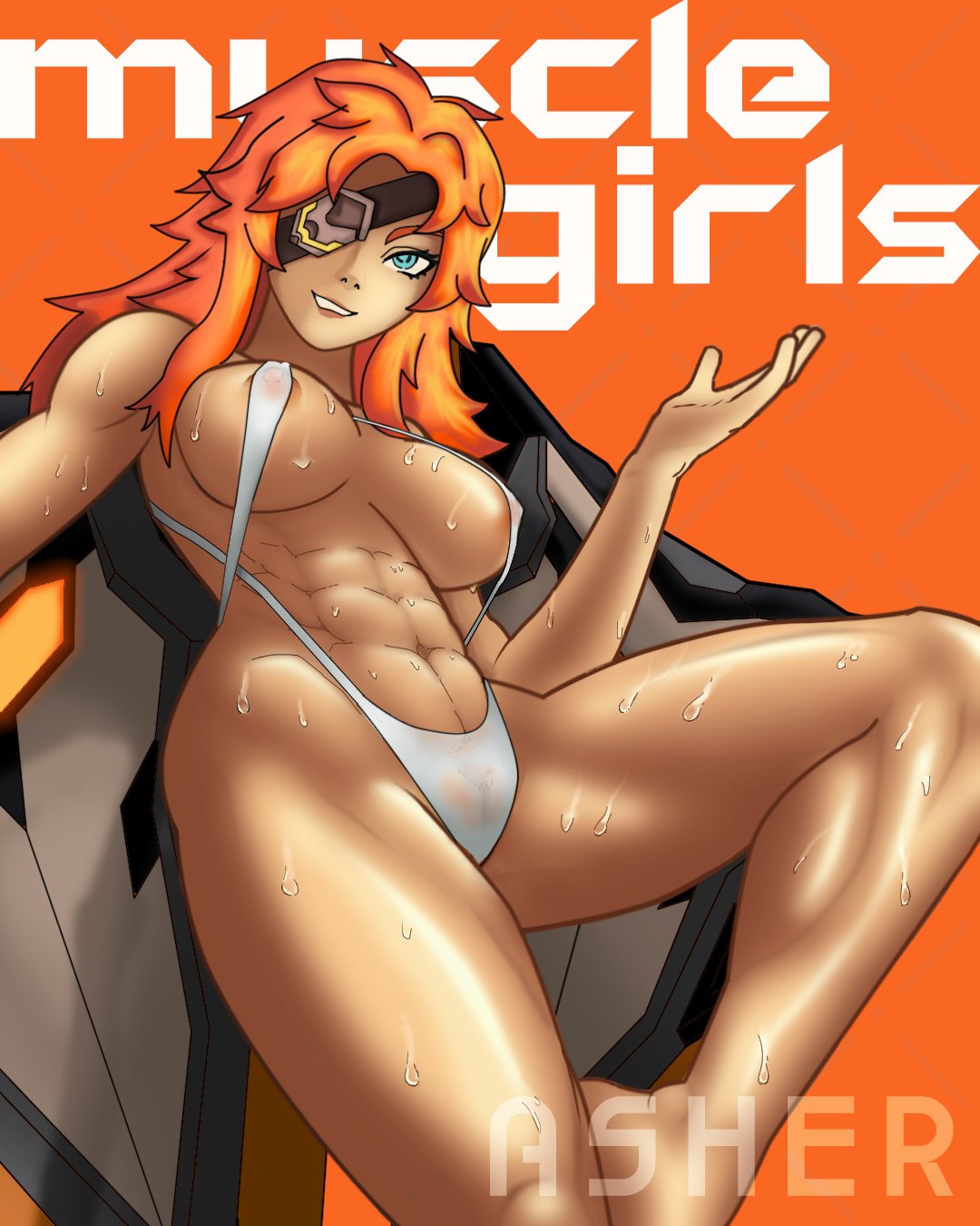 1girls abs asher_(omega_strikers) big_breasts bikini blue_eyes eyepatch kranzer0w nipples nipples_visible_through_clothing omega_strikers orange_hair partially_clothed sitting smile solo standing sweat swimsuit thick_thighs