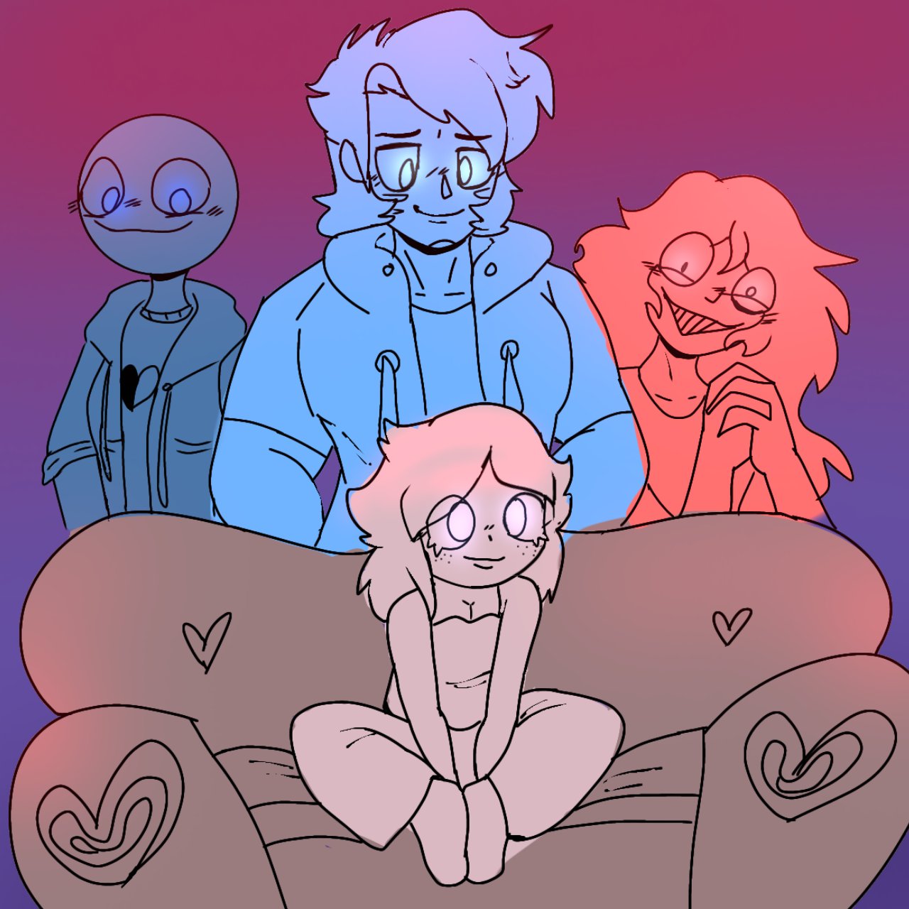 blue_body crossover gabi_(lily_artowo) john_doe_(character) john_doe_(game) john_doe_(john_doe) lily_artowo on_couch peter_(your_boyfriend) piper_perri_surrounded purpleverse something's_wrong_with_sunny_day_jack sunny_day_jack tagme yandere your_boyfriend_(game)