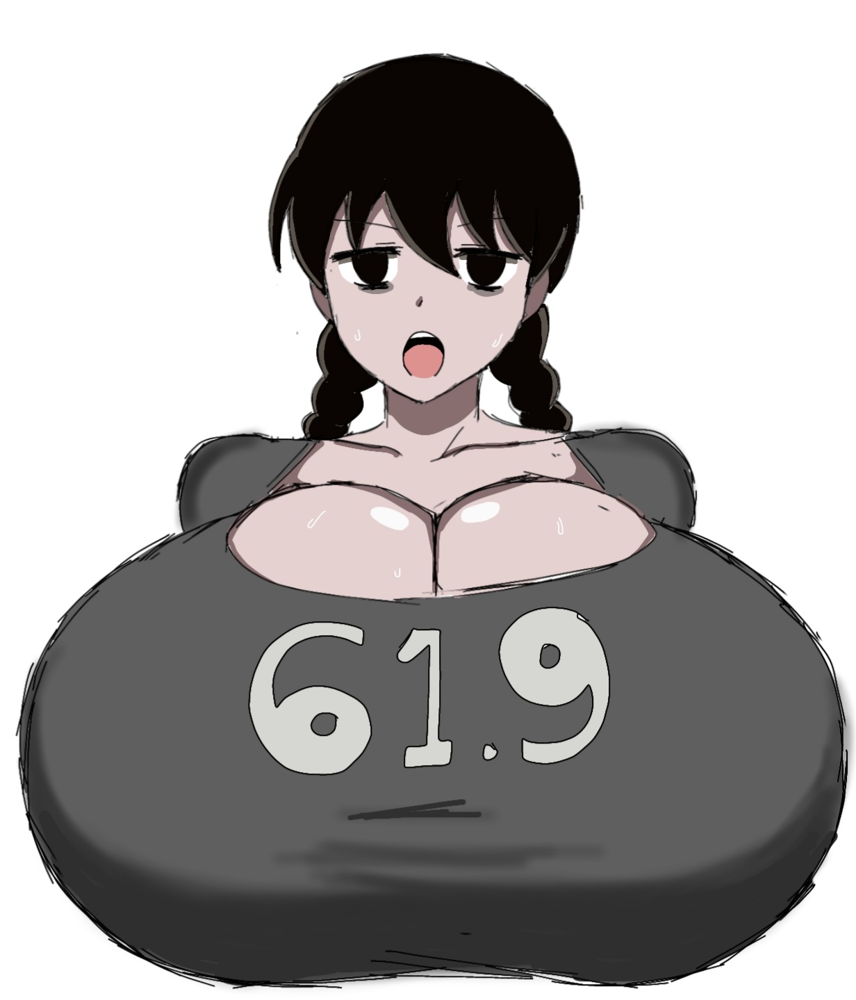 1girls, big breasts, black hair, borrowed design, breasts, cleavage, clothed female, female, goth girl, huge breasts, light skin, light-skinned female, momiji (artist), open mouth, pale skin, pale-skinned female, shirt, the addams family, twin braids, wednesday (netflix), wednesday addams, white background