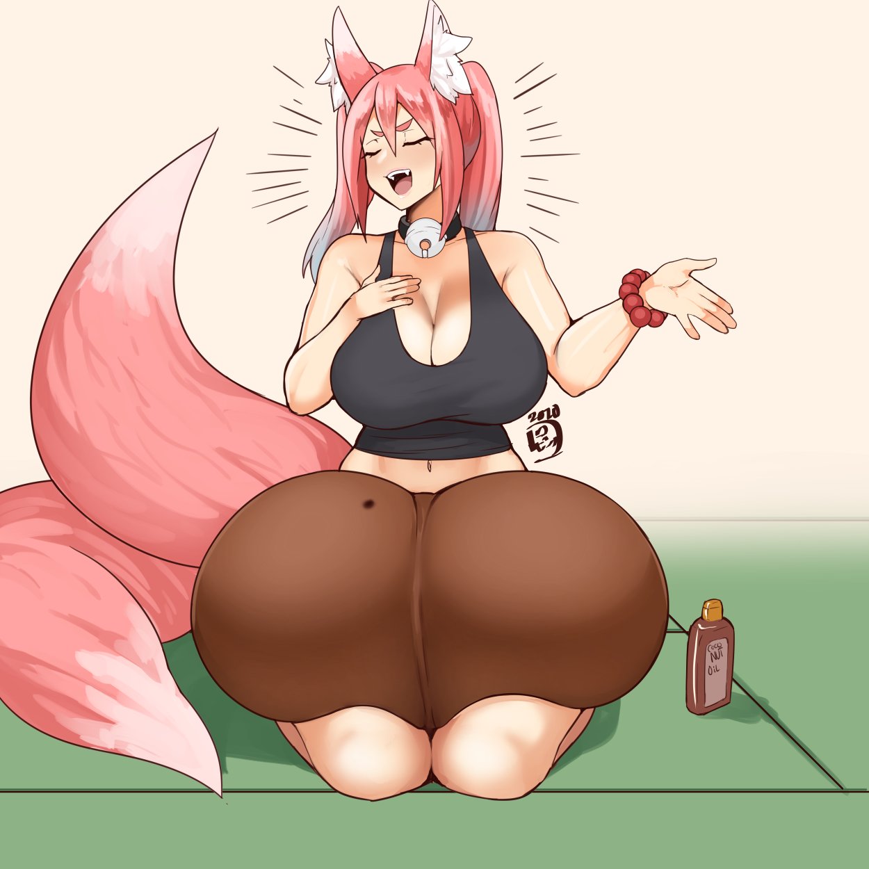 animal_humanoid balls big_balls big_breasts blue_hair blush bra breasts canid canid_humanoid canine canine_humanoid cleavage closed_eyes clothed clothing fangs fox_humanoid futanari gaikiken genitals gradient_hair gynomorph hair hi_res huge_balls humanoid hyper hyper_balls hyper_genitalia intersex kneeling long_hair mammal mammal_humanoid multicolored_hair open_mouth pink_hair seiza sitting smile solo sports_bra suzuya_(gaikiken) teeth twintails_(hairstyle) underwear