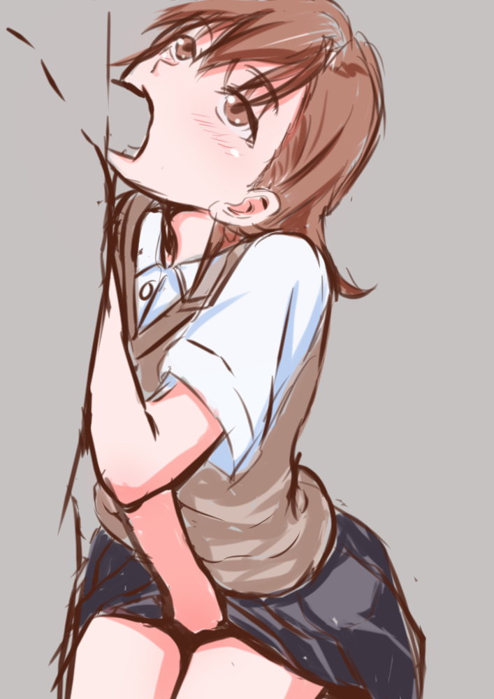 10s, 1boy, 1girls, 2019, blush, brown eyes, brown hair, clothed, clothed female, clothed female nude male, deep penetration, deepthroat, doujin shimei, faceless male, fellatio, female, female focus, fingering, grey background, looking at partner, looking up, male, male/female, masturbating during fellatio, masturbation, matching hair/eyes, misaka mikoto, nude, nude male, oral, penis, school uniform, schoolgirl, short hair, sucking, sucking penis, teenage female, teenager, to aru kagaku no railgun, to aru majutsu no index, tokiwadai school uniform, young