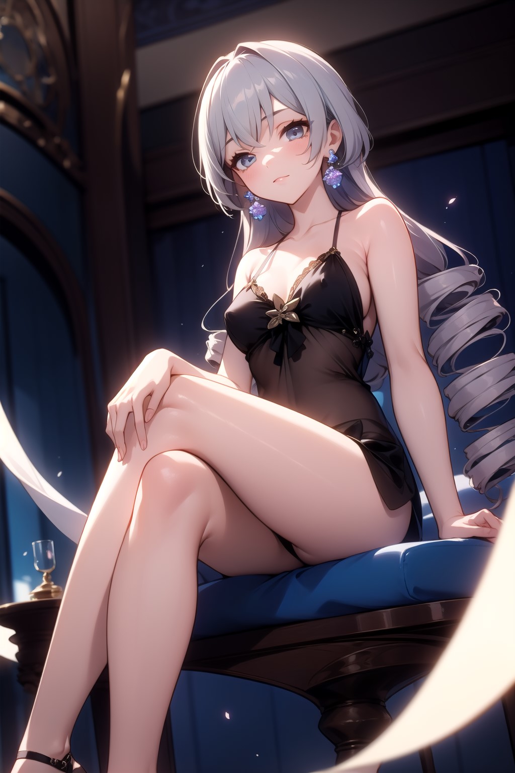 1girls, ai generated, bare legs, black lingerie, blue eyes, blush, breasts, bronya rand, cleavage, crossed legs, drill hair, earrings, female, grey hair, honkai: star rail, light skin, light-skinned female, lingerie, long hair, looking at viewer, looking down, looking down at viewer, medium breasts, nipples visible through clothing, on table, see-through, shiny skin, silver hair, sitting on table, smile, solo, table, thighs