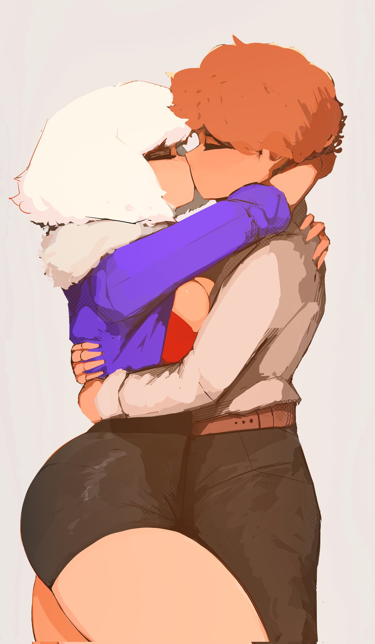 1boy, 1girls, breasts, closed eyes, clothed, clothing, drmover, eve (artofmover), evelynn winter, female, human, kissing, male, mammal, orange hair, roblox, robloxian, tagme, white hair