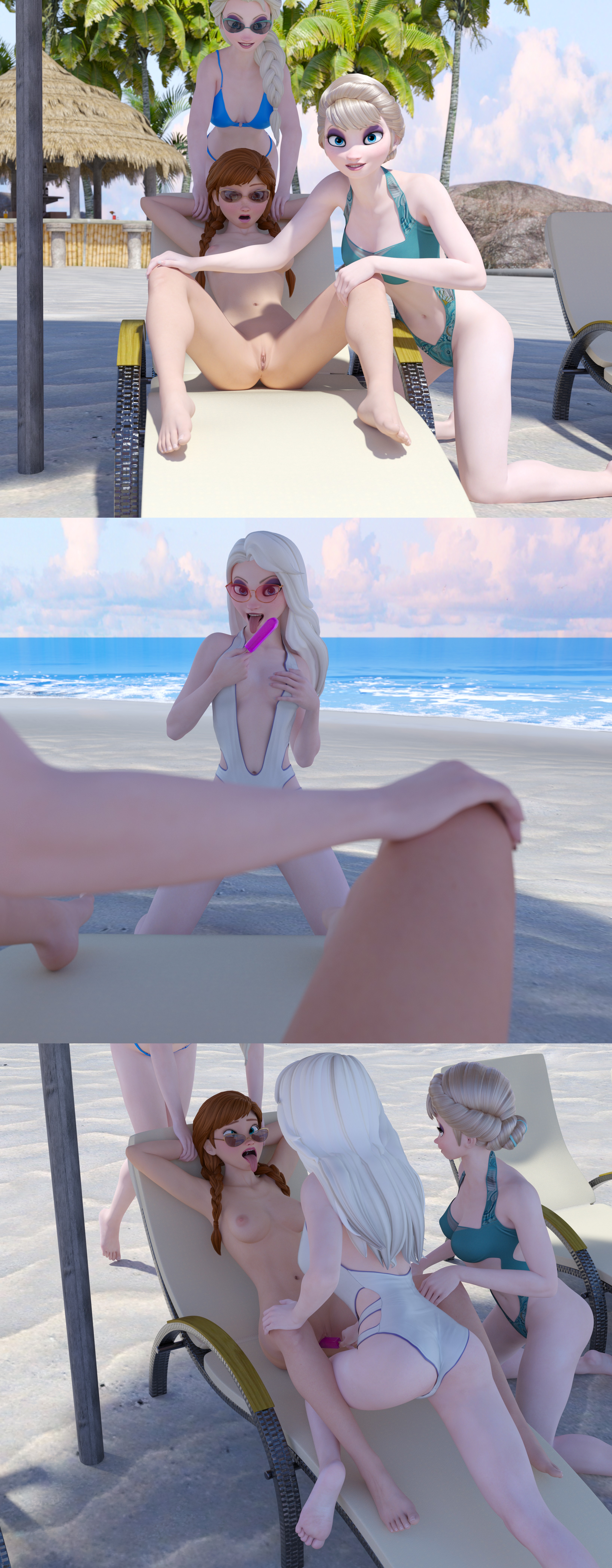 3d, 4girls, anna (frozen), barefoot, beach, bikini, breasts, clone, clones, comic, comic strip, couple, cute, disney, disney princess, elsa (frozen), feet, female, frozen (film), glasses, incest, long legs, multiple females, multiple girls, nude, one-piece swimsuit, popsicle, siblings, sisters, small breasts, summer, sunglasses, swimsuit, swimwear, tommytinycat, yuri