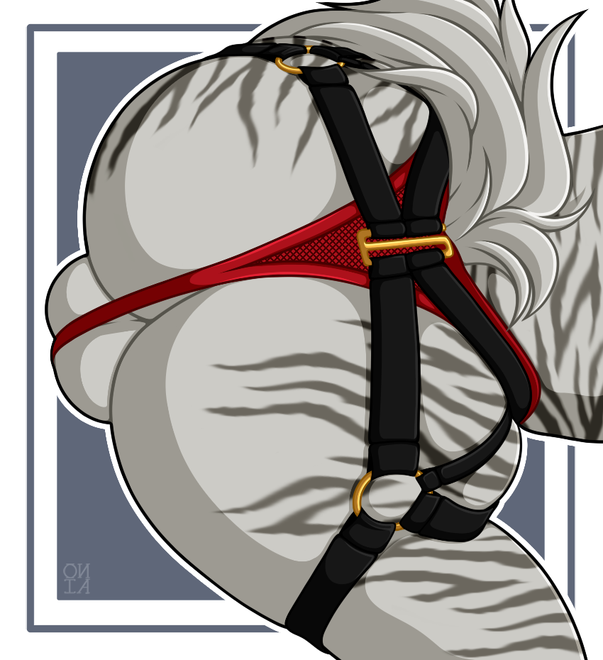 accessory anthro ass balls big_balls big_butt cizek clothing garter genitals hyena male mammal onia panties presenting presenting_hindquarters solo straps striped_hyena thong_underwear underwear