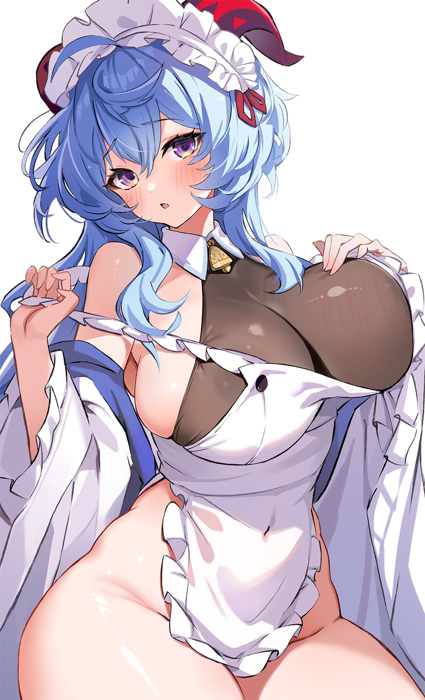 bell big_breasts blue_hair curvaceous ganyu_(genshin_impact) genshin_impact hand_on_chest horns no_bra no_panties partially_clothed pulling_clothing thick_thighs tunoko98