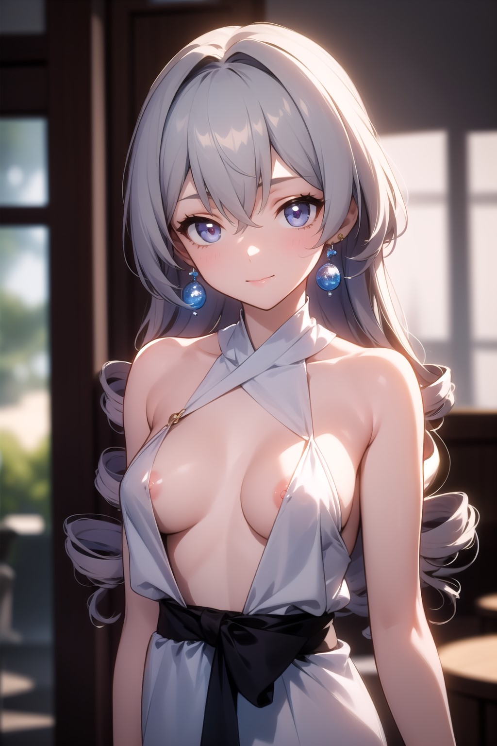 1girls, ai generated, areola slip, bare arms, blue eyes, blush, breasts, bronya rand, dress, drill hair, earrings, female, grey hair, halter dress, halterneck, honkai: star rail, light skin, light-skinned female, long hair, looking at viewer, medium breasts, nipple slip, shiny skin, silver hair, smile, solo, white dress