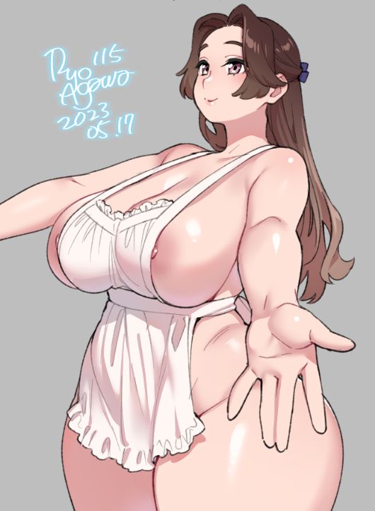 1girls apron apron_only big_breasts brown_hair curvy female female_only large_breasts long_hair naked_apron nipple_peek nipples original original_character ryo_agawa sideboob solo solo_female thick thick_thighs voluptuous wide_hips