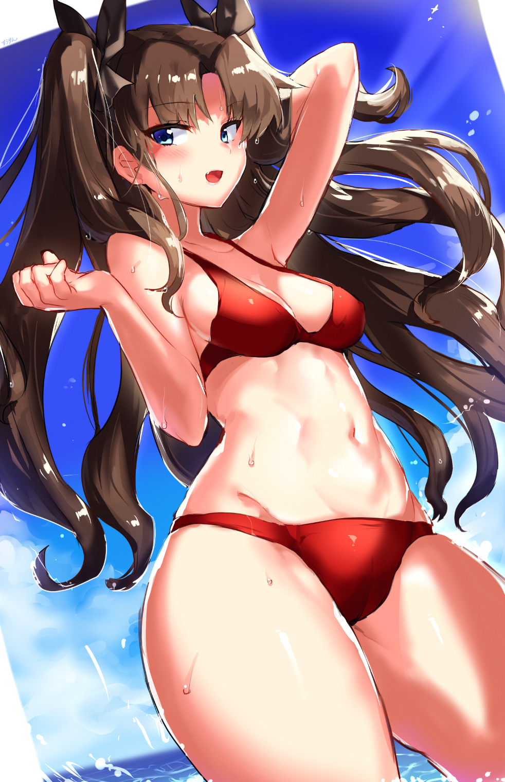 1girls bikini black_hair blue_eyes breasts cowboy_shot fate/stay_night fate_(series) hi_res long_hair medium_breasts navel official_alternate_costume open_mouth red_bikini solo splashing suurin_(ksyaro) swimsuit thick_thighs thighs tohsaka_rin twintails two_side_up