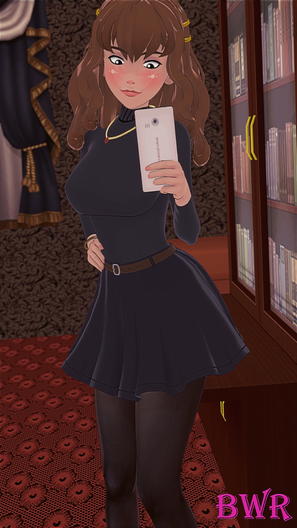 1girls, 3d, blue eyes, breakwater ridge, brown eyes, comic, female, gryffindor, harry potter, hermione granger, red hair, selfie, snapchat, witch (harry potter)